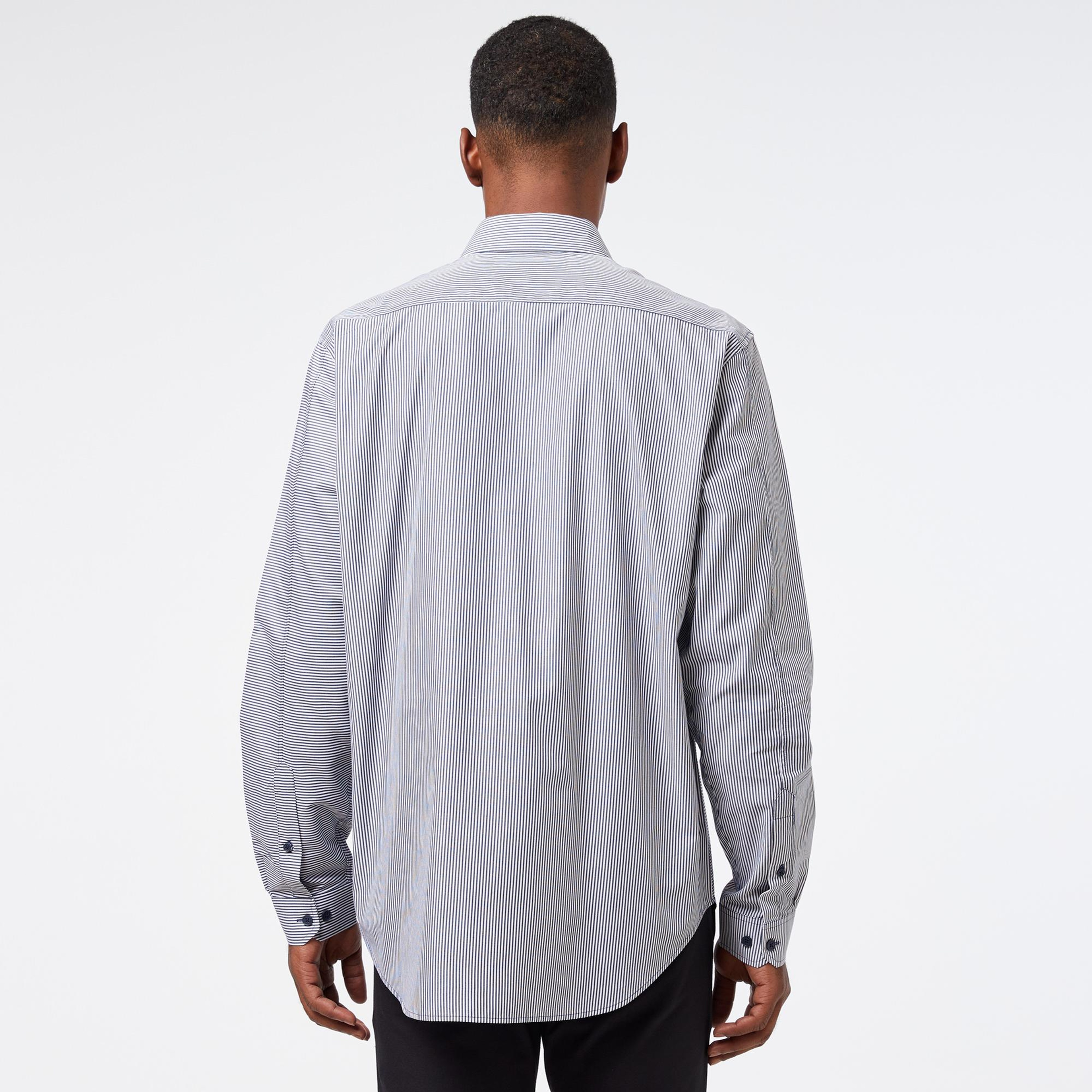 Erkek Relaxed Fit Düğmeli Yaka Çizgili Mavi Gömlek