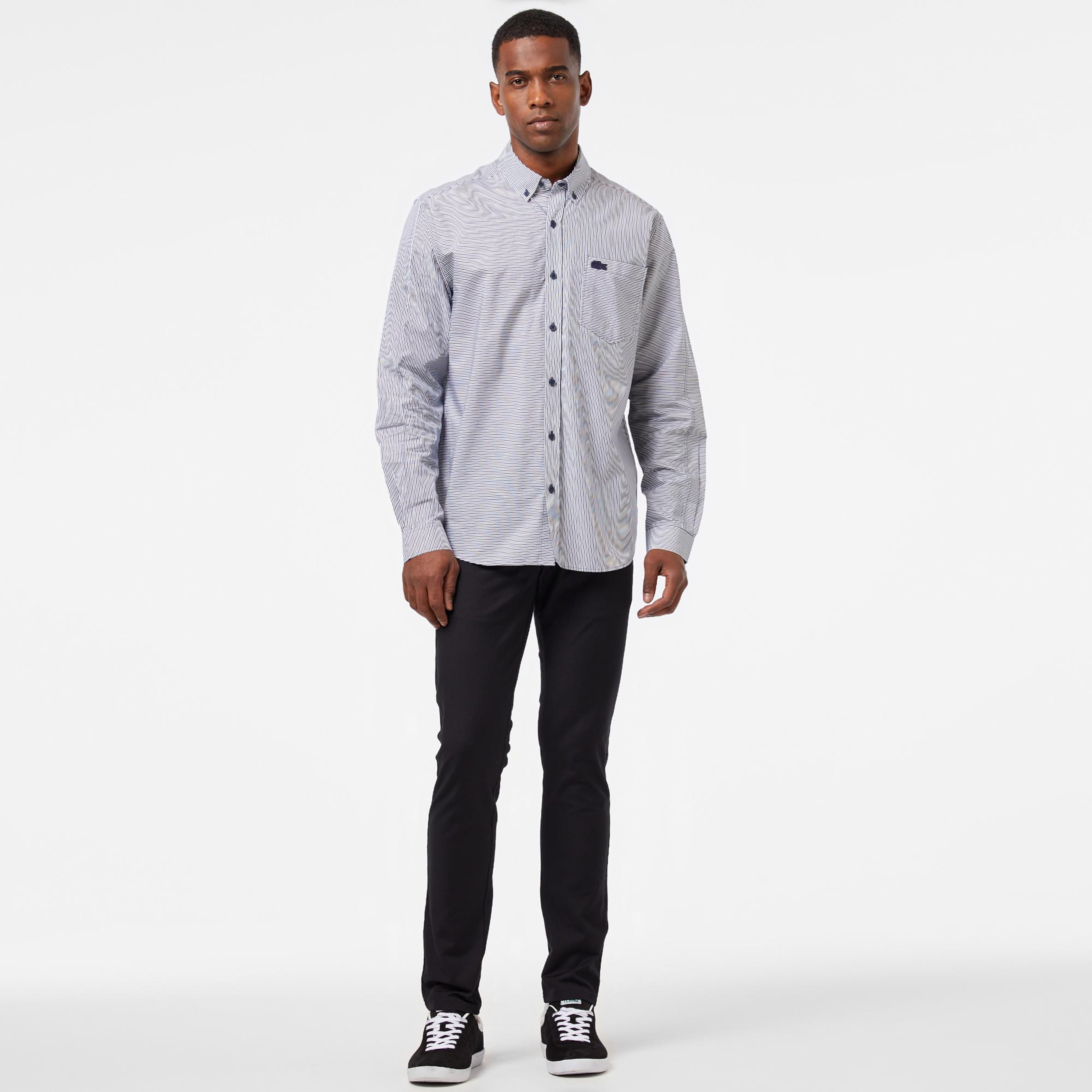 Erkek Relaxed Fit Düğmeli Yaka Çizgili Mavi Gömlek