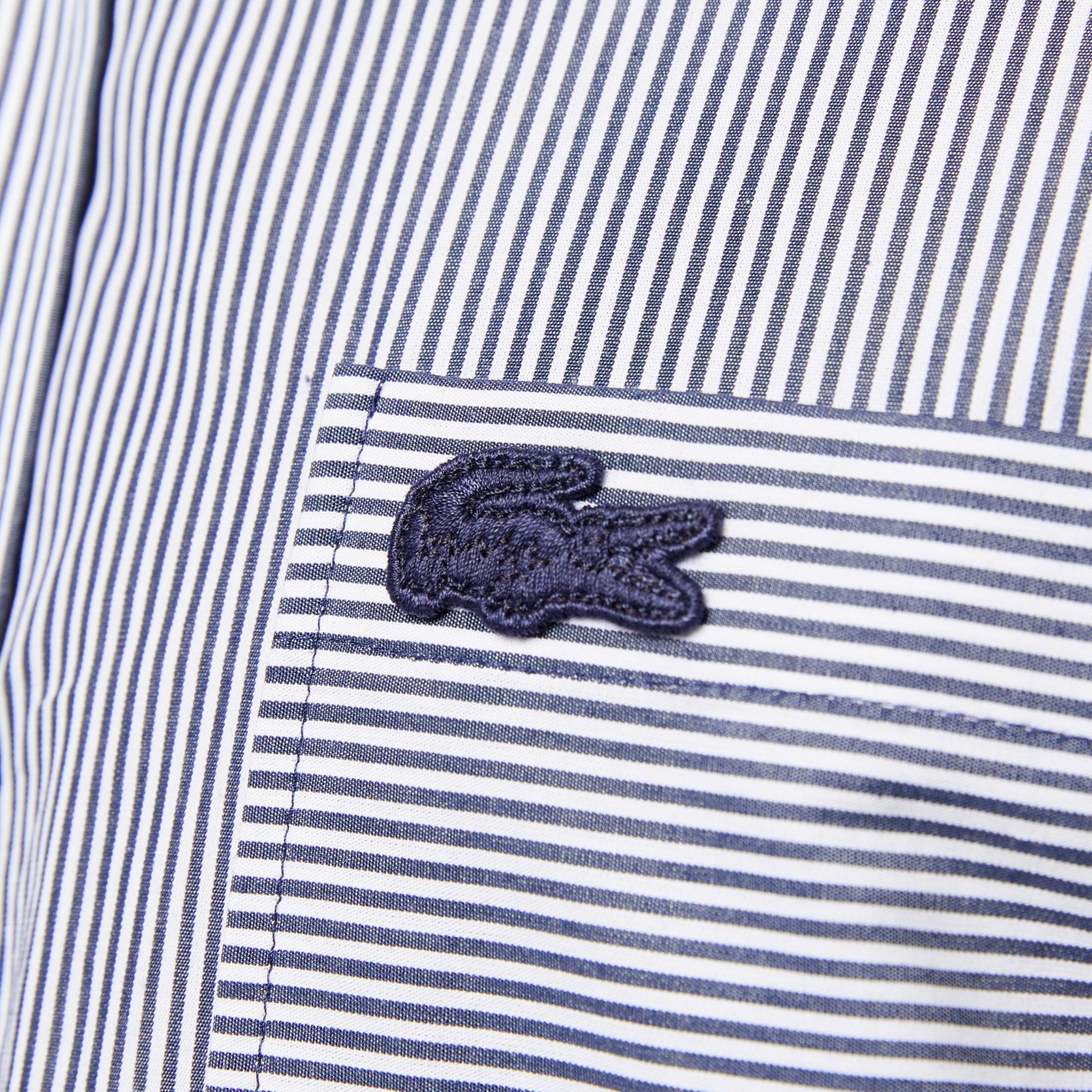 Erkek Relaxed Fit Düğmeli Yaka Çizgili Mavi Gömlek