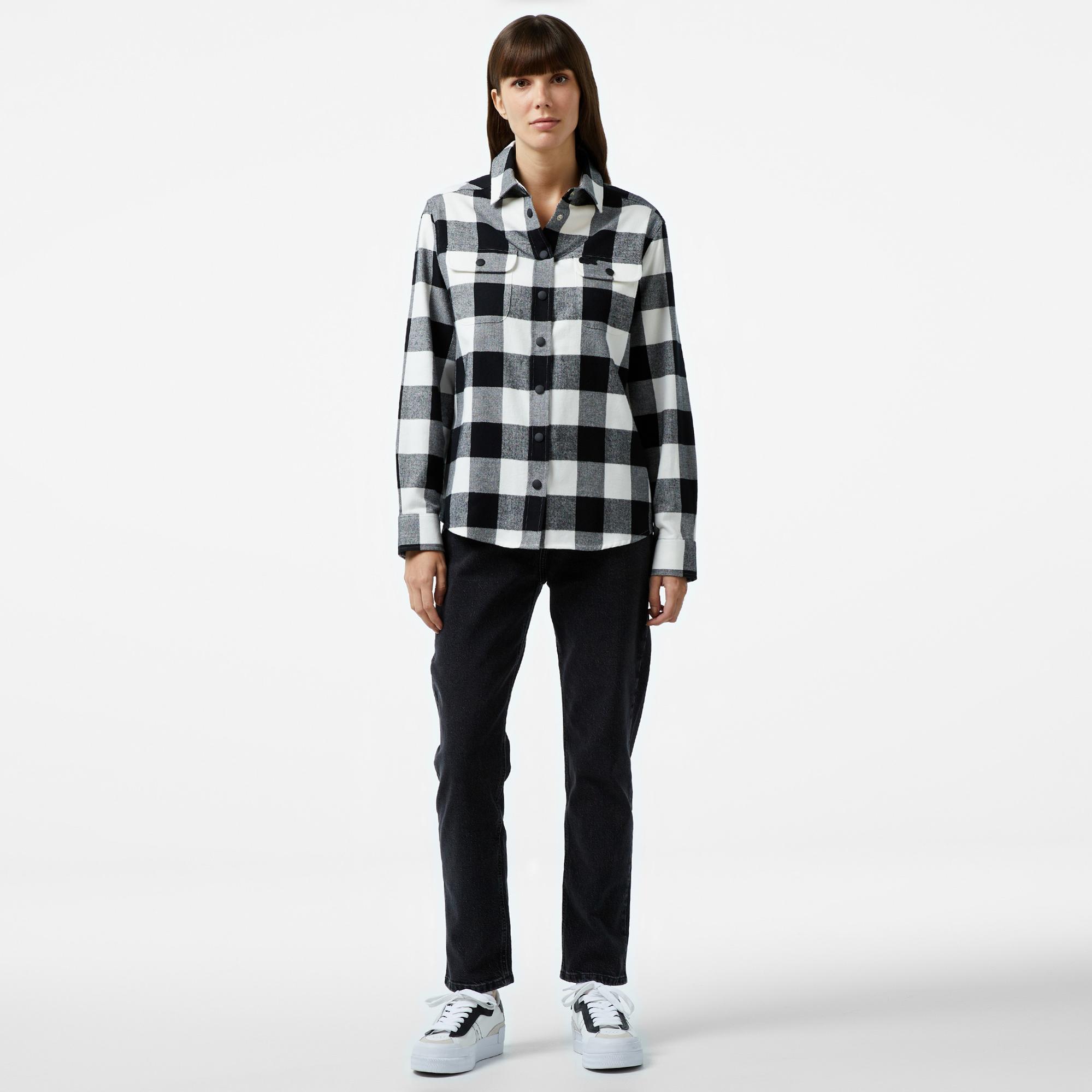Kadın Regular Fit Ekose Siyah Gömlek