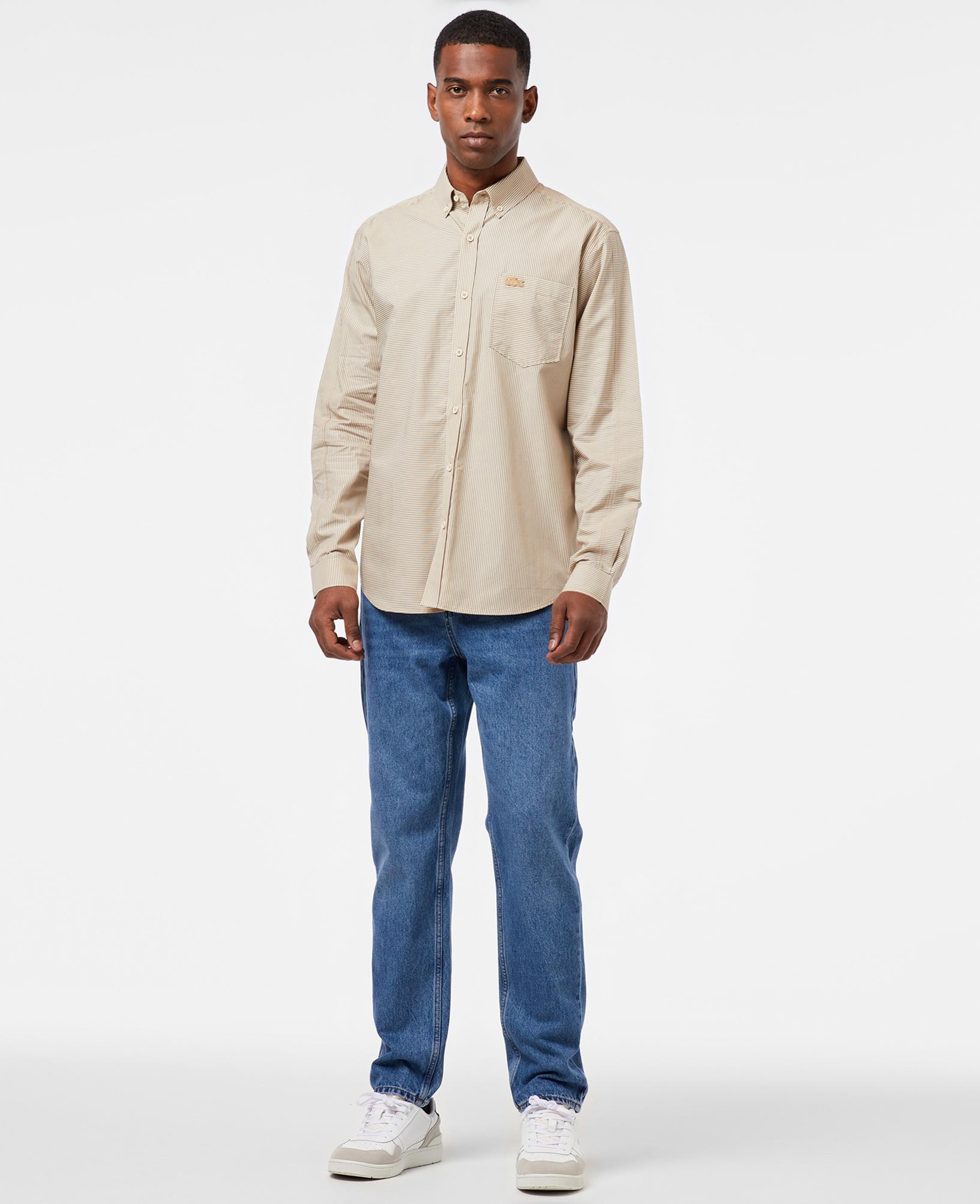Erkek Relaxed Fit Düğmeli Yaka Çizgili Bej Gömlek