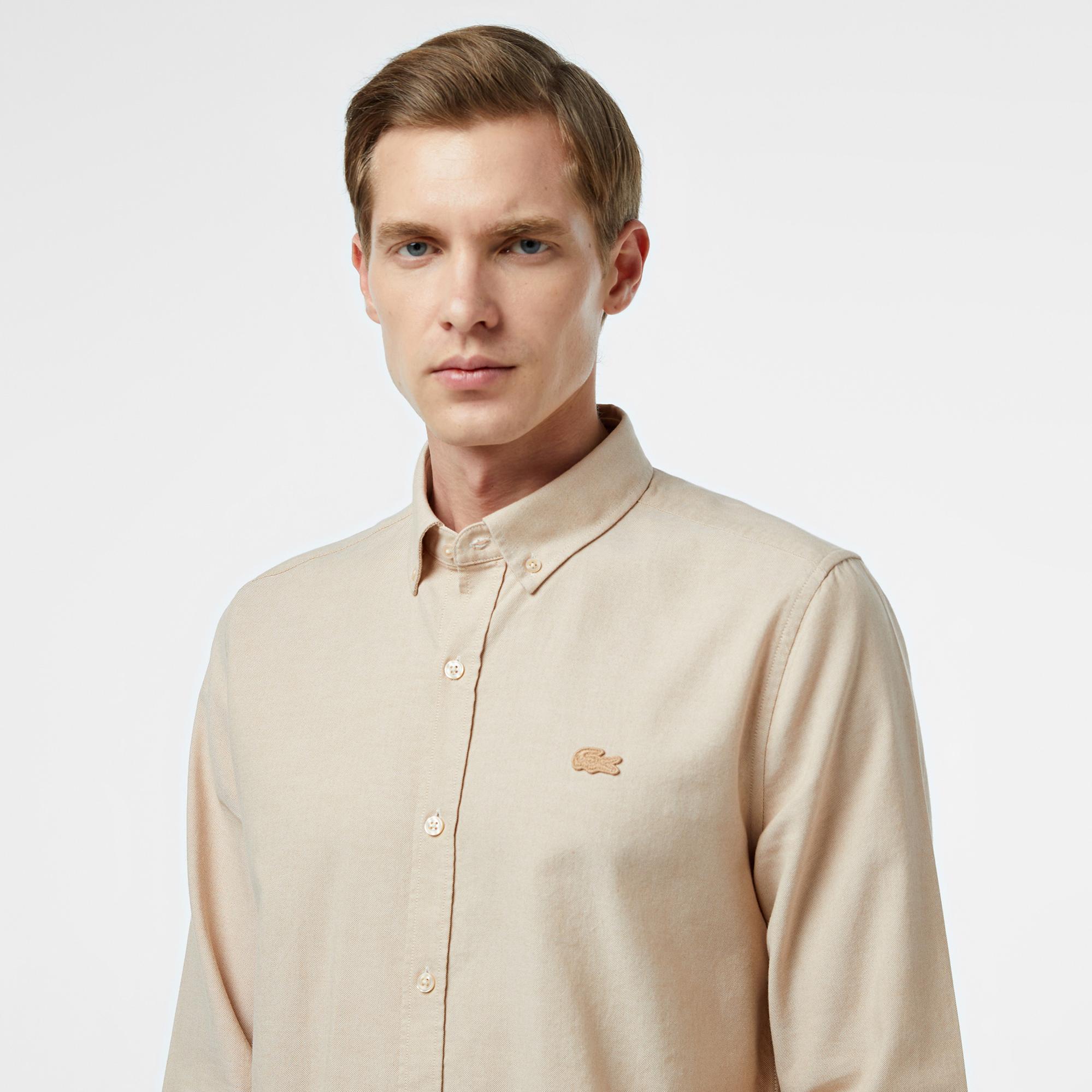 Erkek Slim Fit Düğmeli Yaka Bej Gömlek