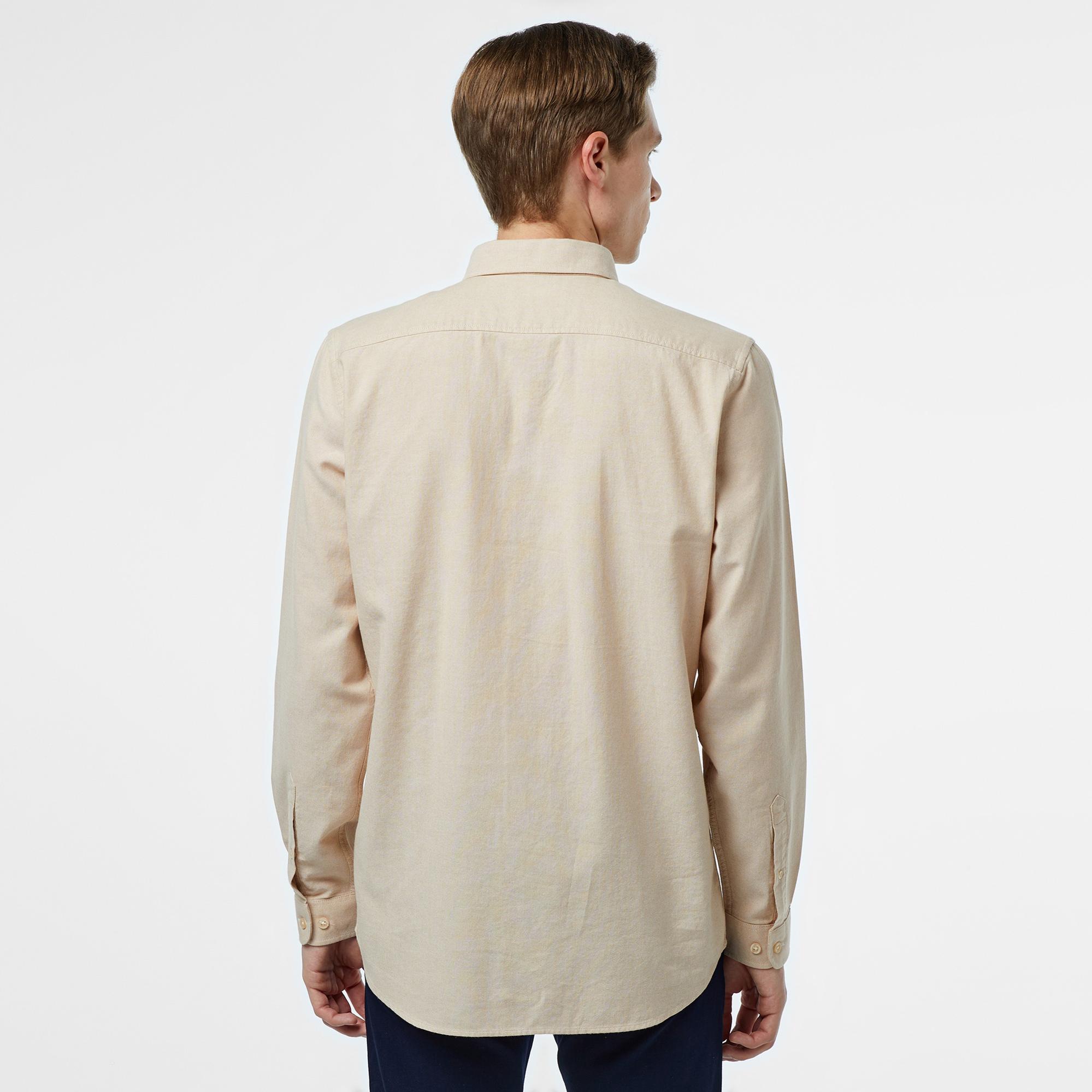 Erkek Slim Fit Düğmeli Yaka Bej Gömlek