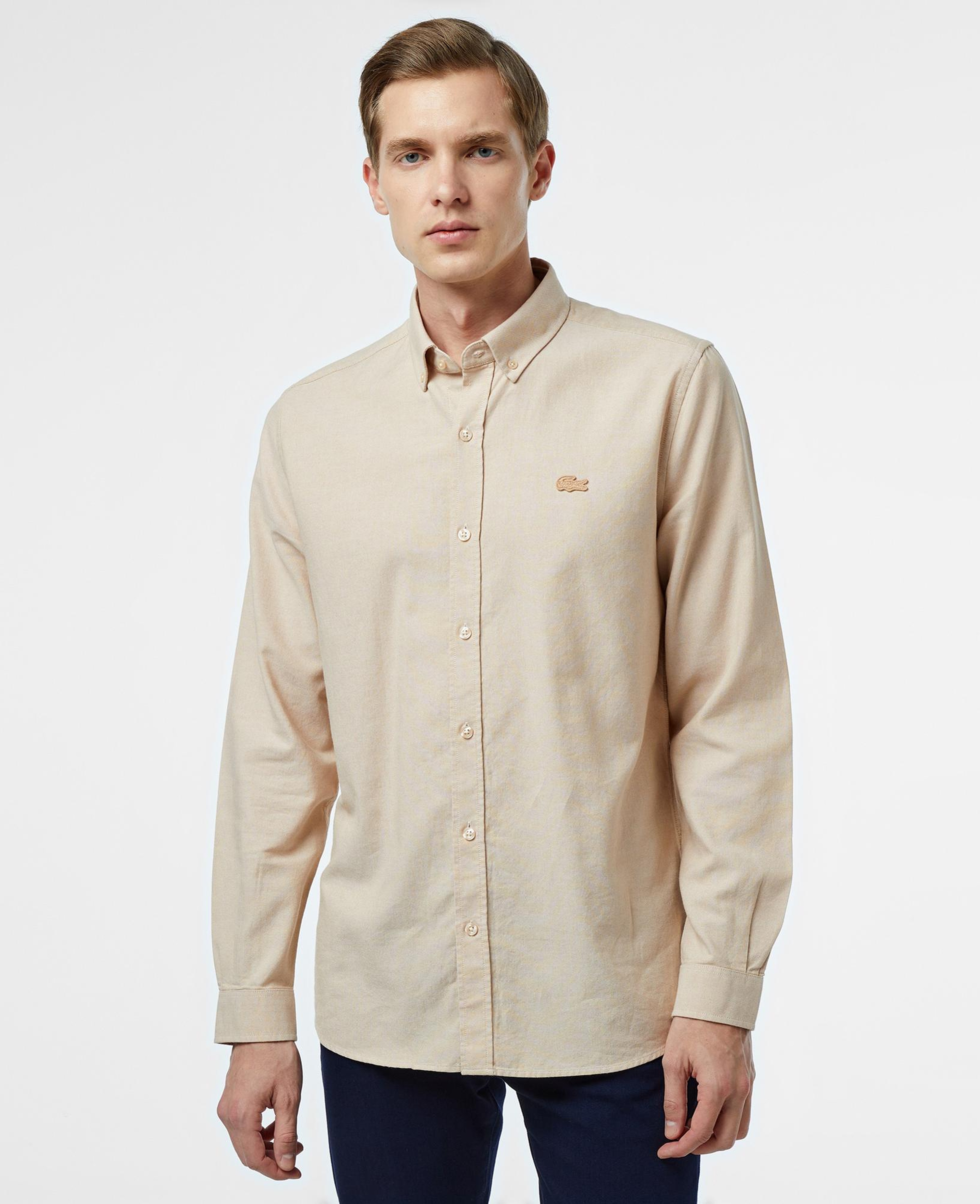 Erkek Slim Fit Düğmeli Yaka Bej Gömlek