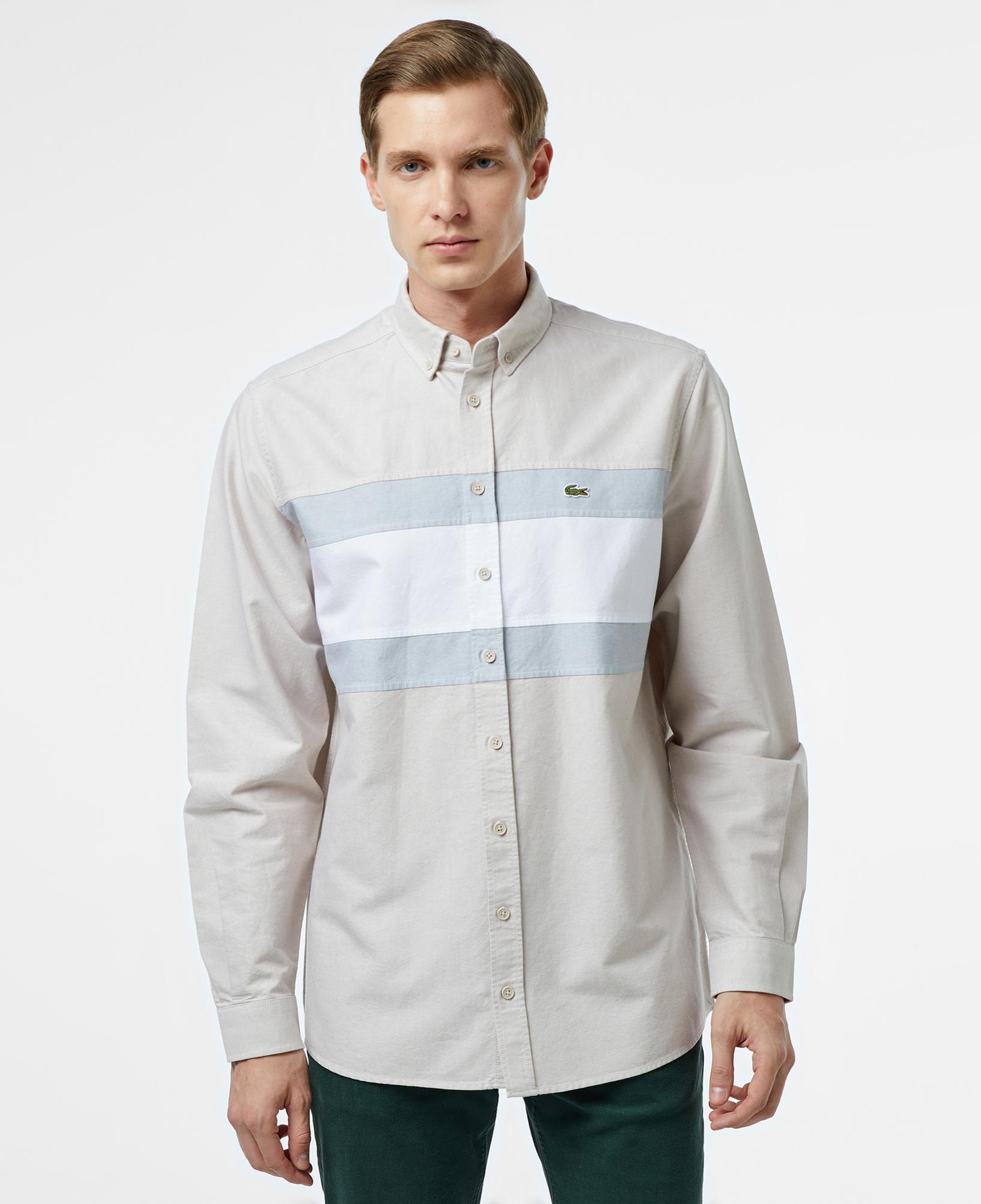 Erkek Regular Fit Düğmeli Yaka Çizgili Gri Gömlek