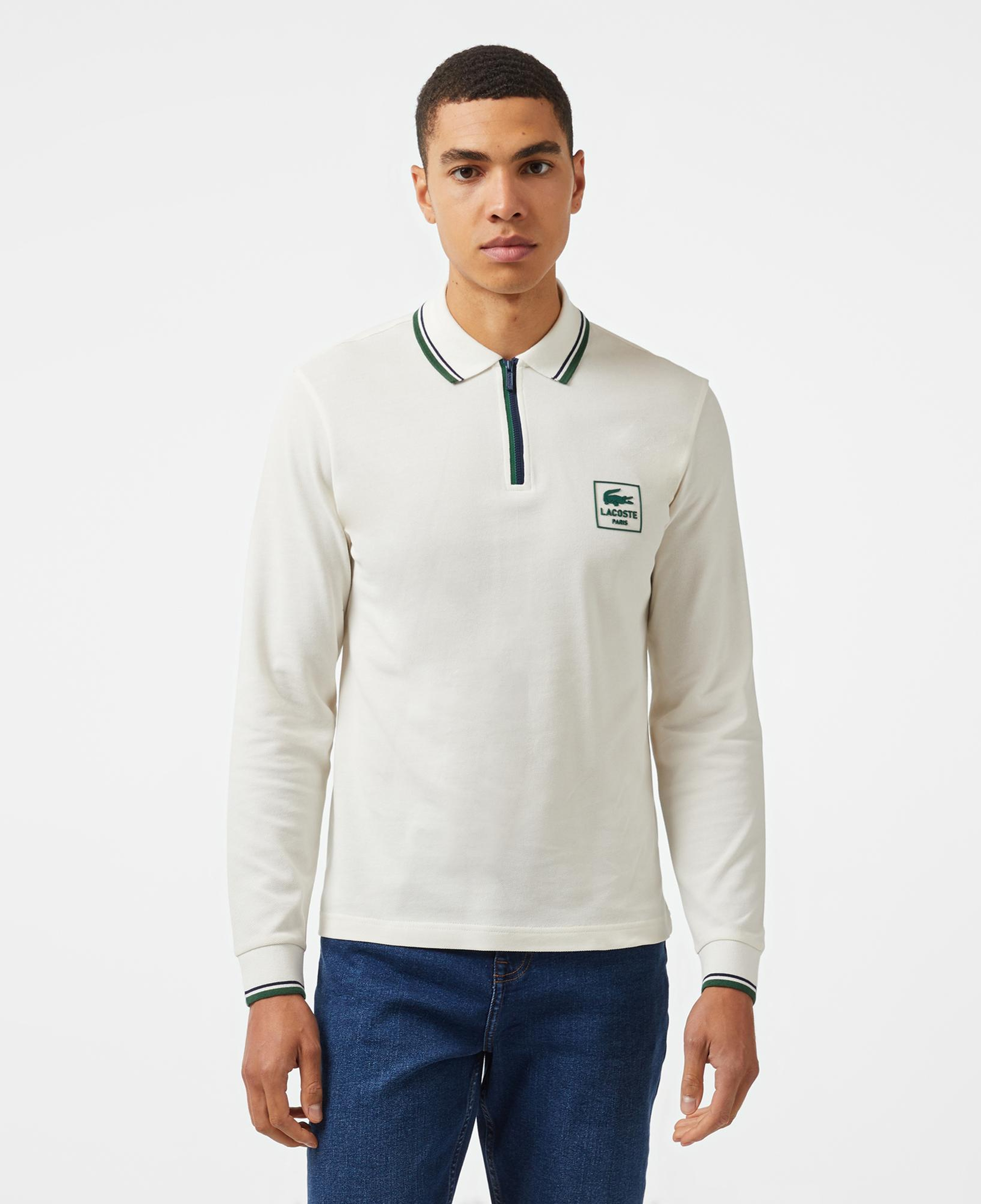 Erkek Regular Fit Uzun Kollu Yarım Fermuarlı Beyaz Polo