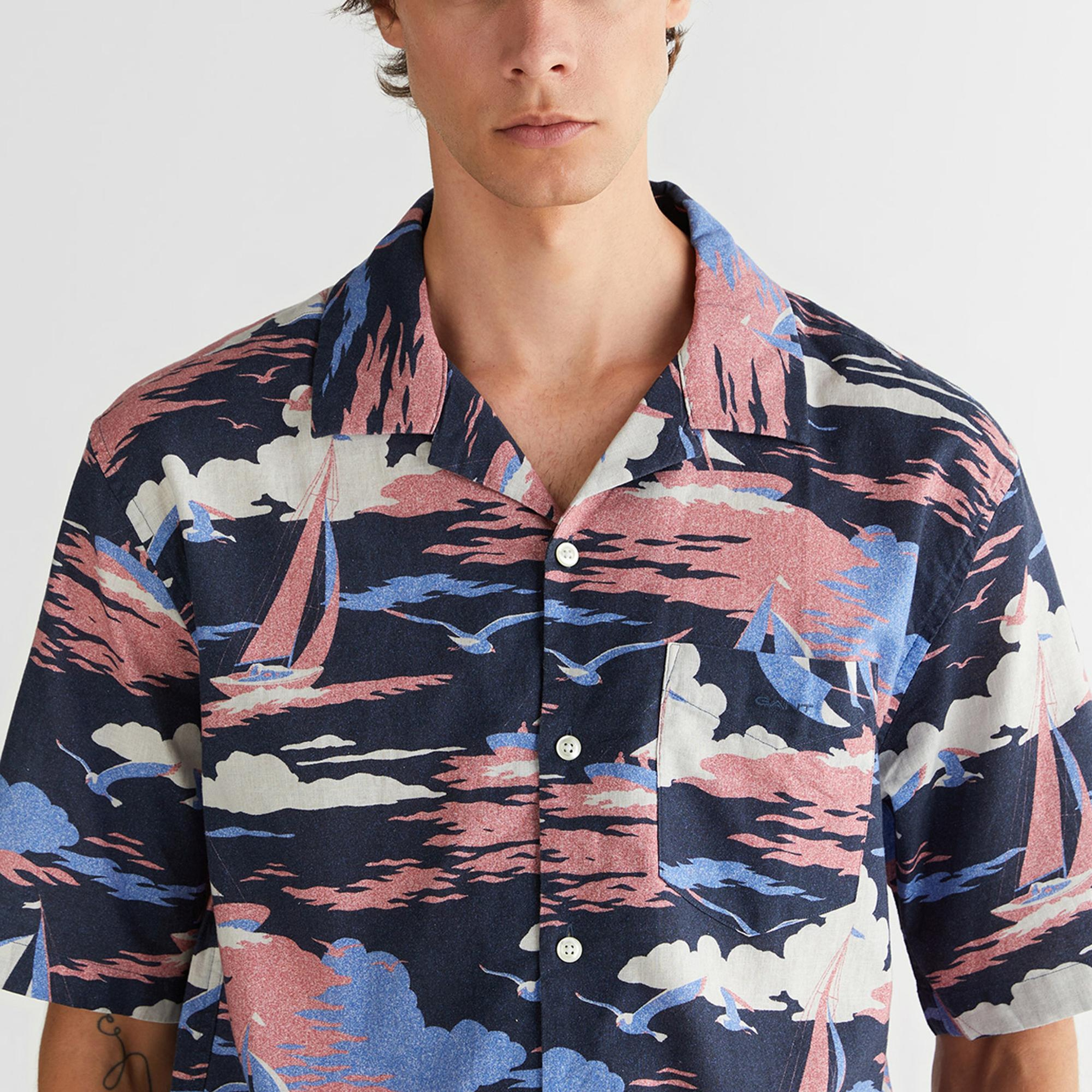 GANT Erkek Lacivert Relaxed Fit Klasik Yaka Desenli Gömlek