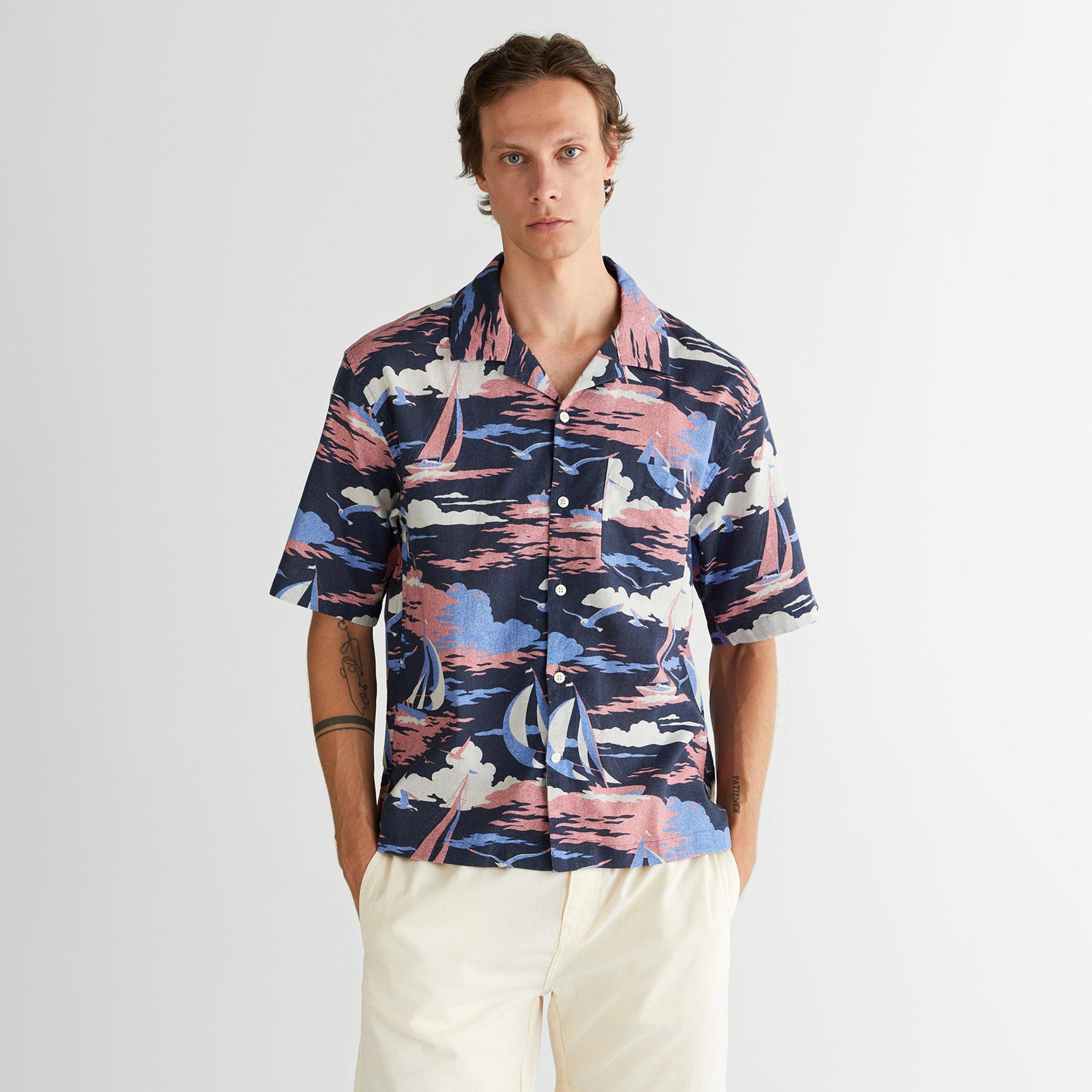 GANT Erkek Lacivert Relaxed Fit Klasik Yaka Desenli Gömlek