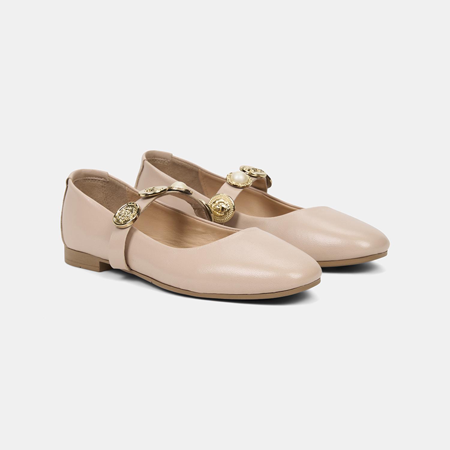 Kadın Ten Gold Aksesuarlı Mary Jane Deri Babet