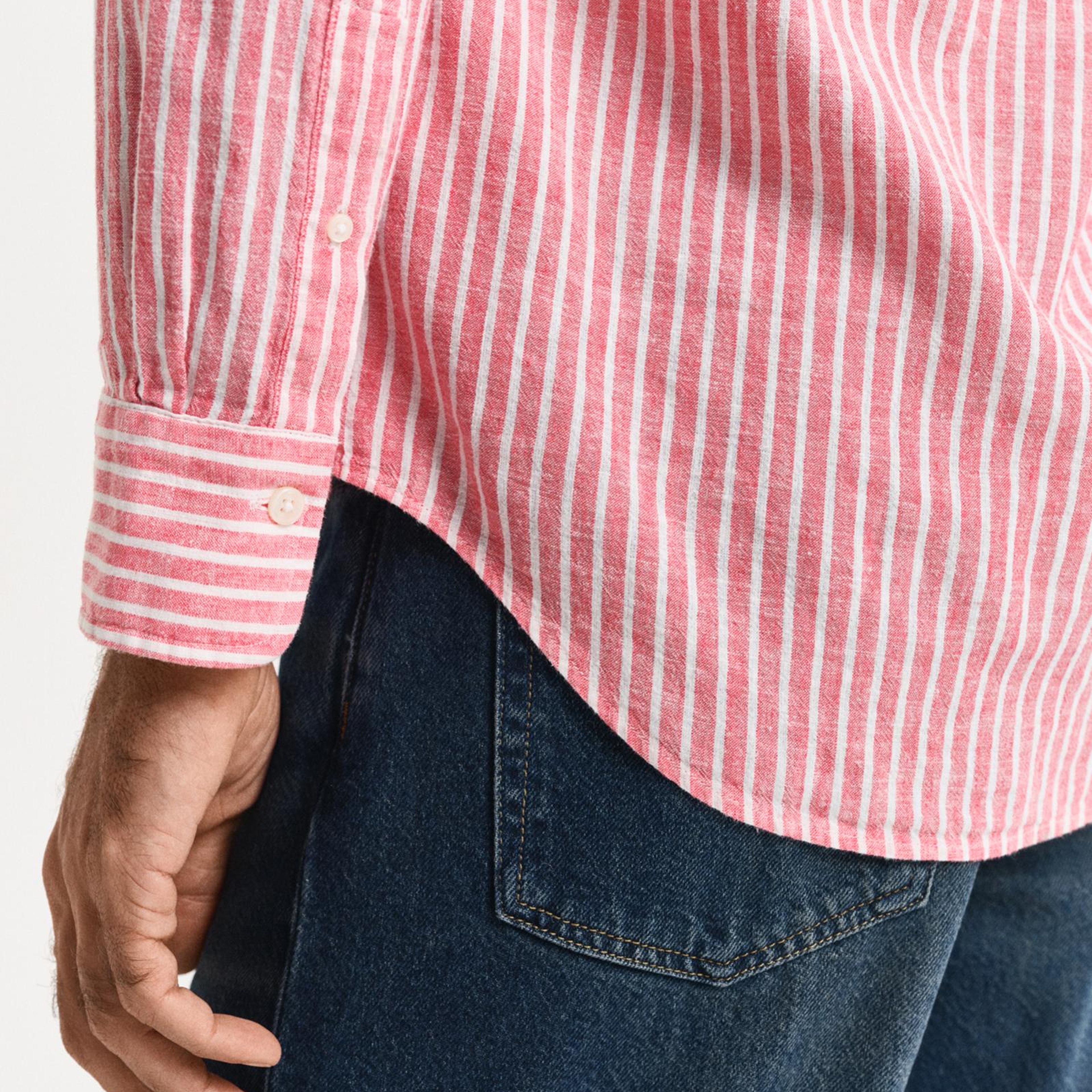 GANT Erkek Kırmızı Regular Fit Düğmeli Yaka Çizgili Keten Gömlek