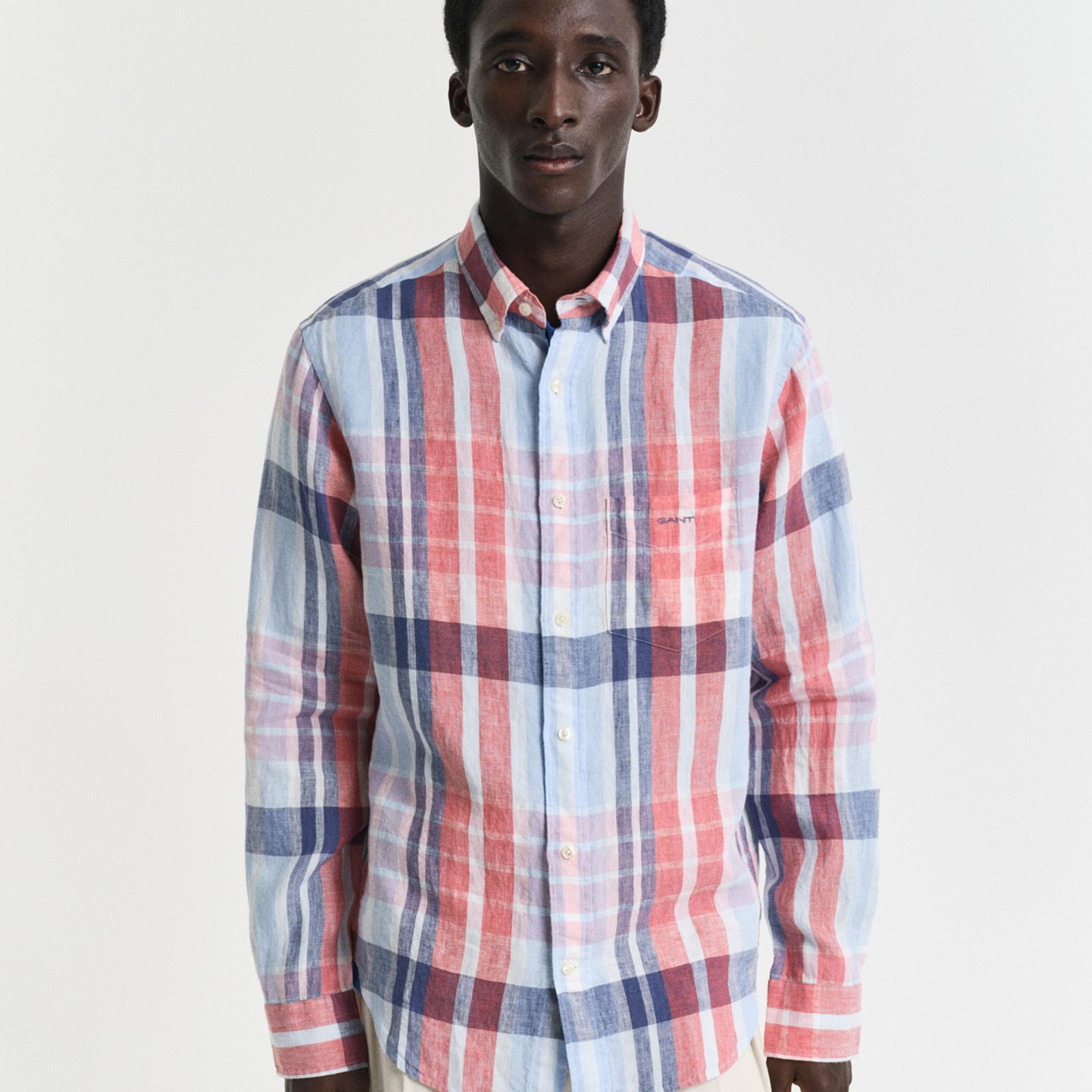 GANT Erkek Kırmızı Regular Fit Düğmeli Yaka Kareli Keten Gömlek