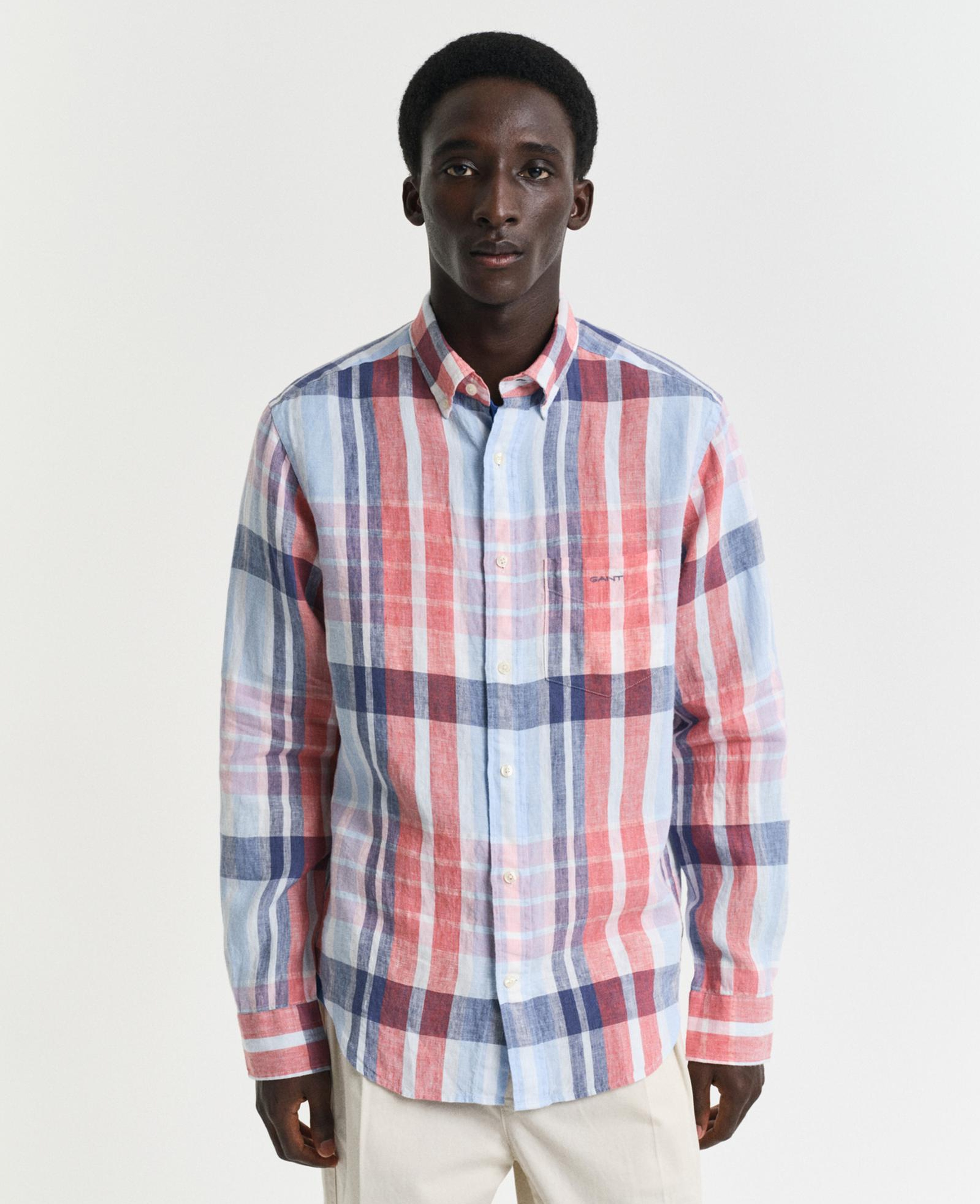 GANT Erkek Kırmızı Regular Fit Düğmeli Yaka Kareli Keten Gömlek