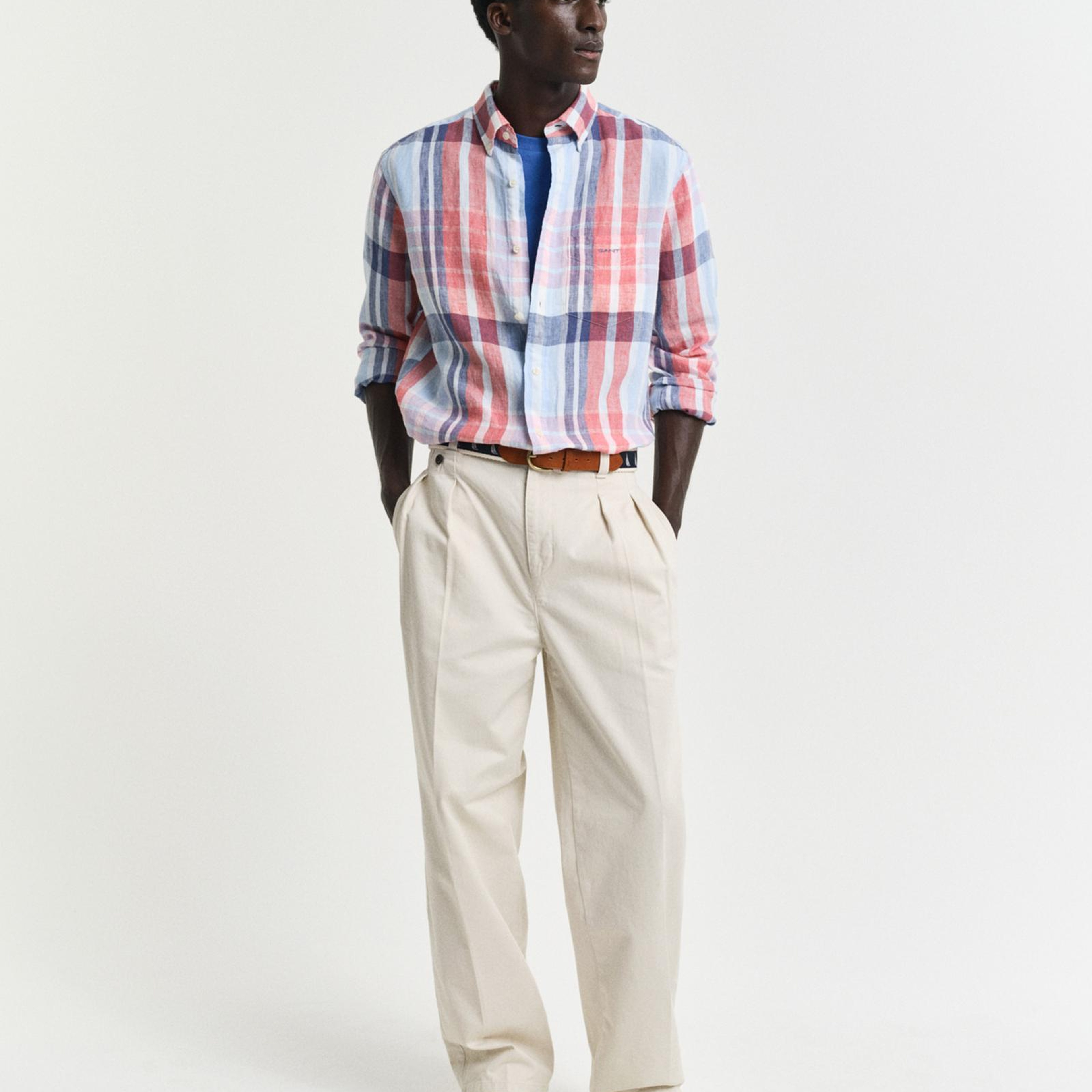 GANT Erkek Kırmızı Regular Fit Düğmeli Yaka Kareli Keten Gömlek