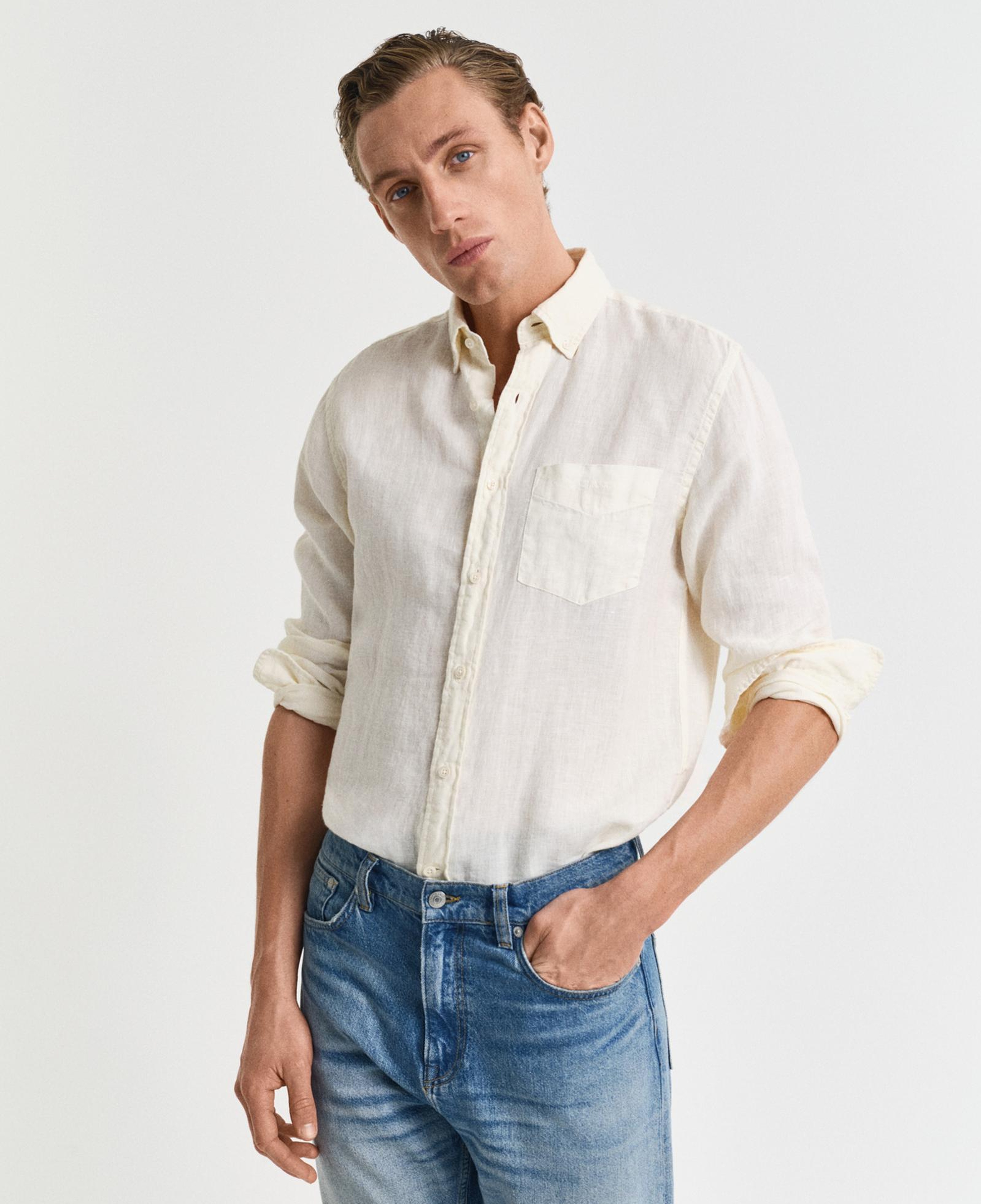 GANT Erkek Krem Regular Fit Düğmeli Yaka Keten Gömlek