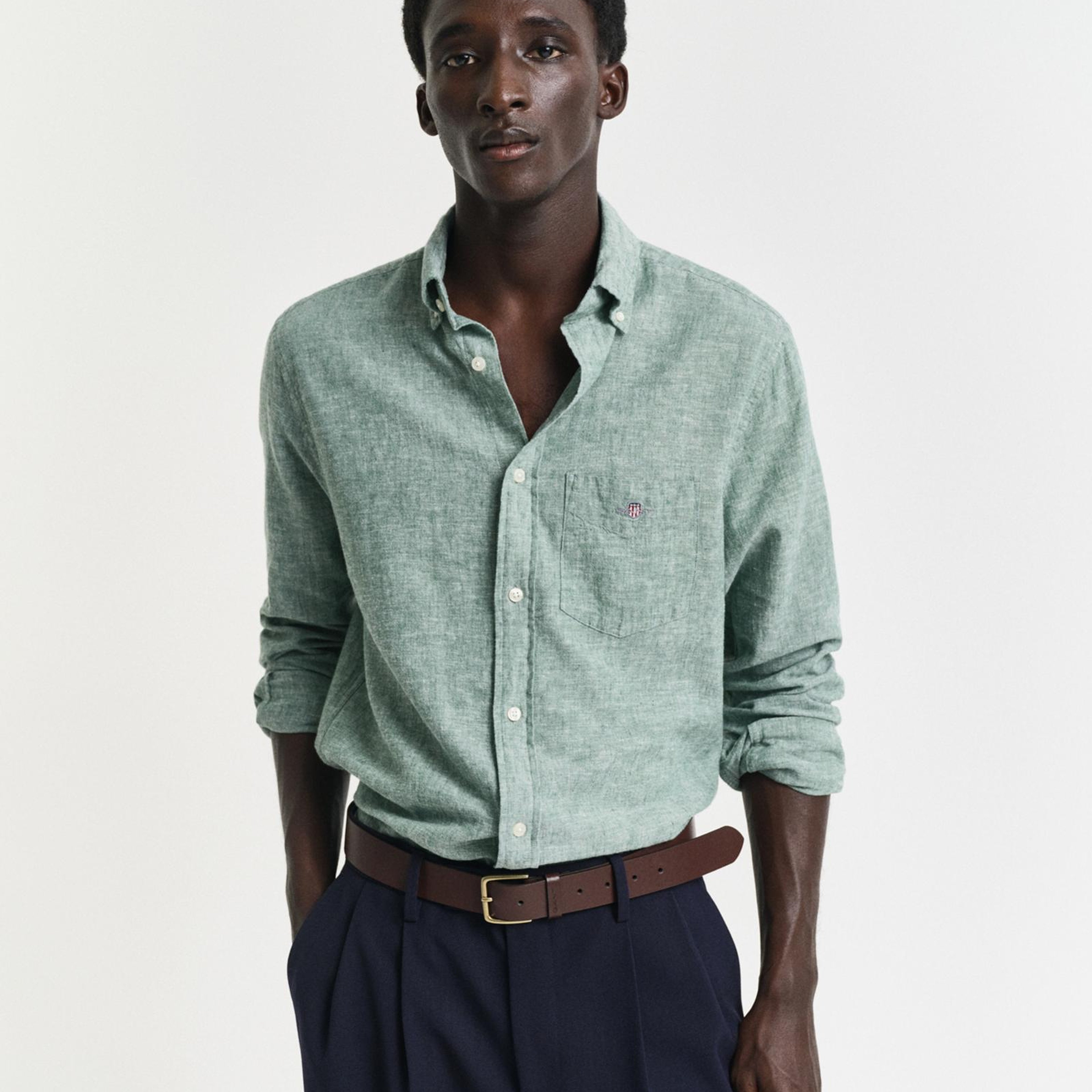 GANT Erkek Yeşil Regular Fit Düğmeli Yaka Keten Gömlek