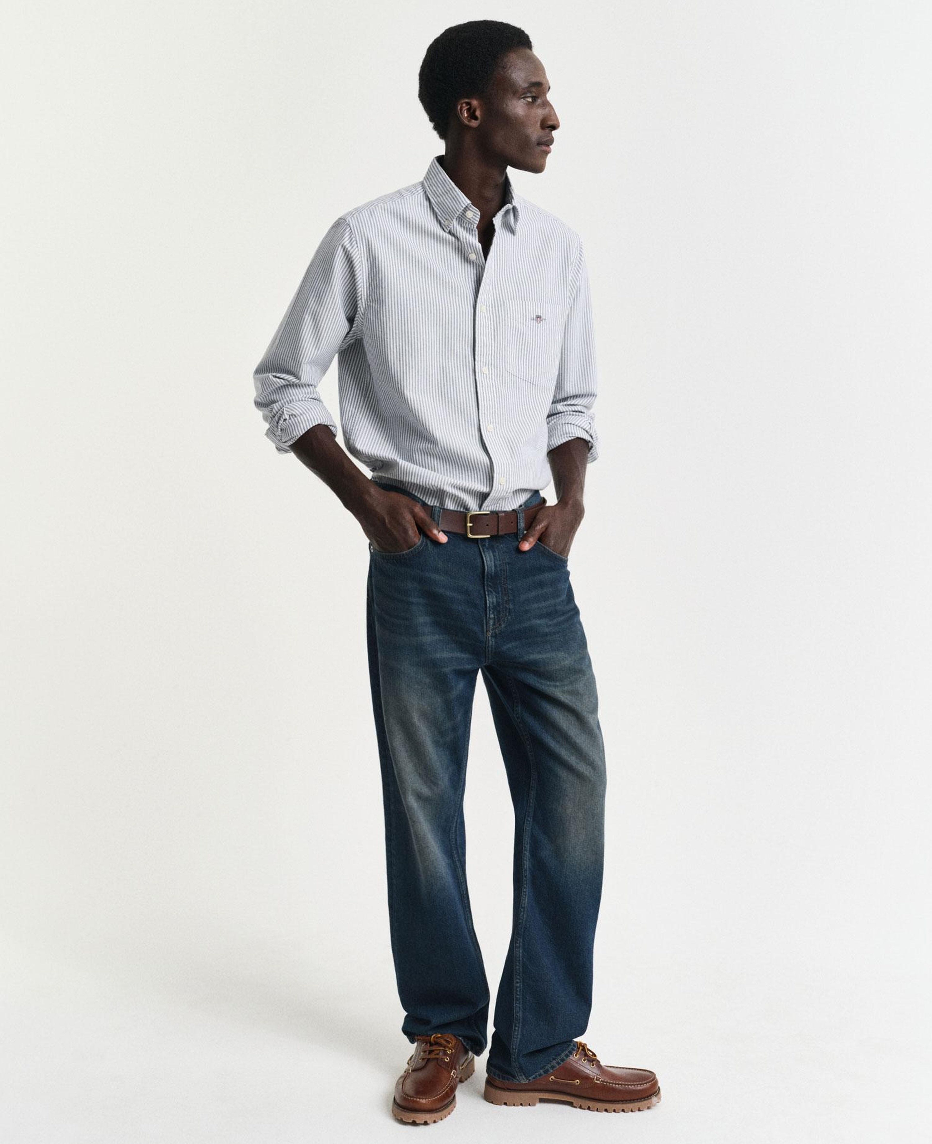 GANT Erkek Mavi Regular Fit Düğmeli Yaka Çizgili Oxford Gömlek