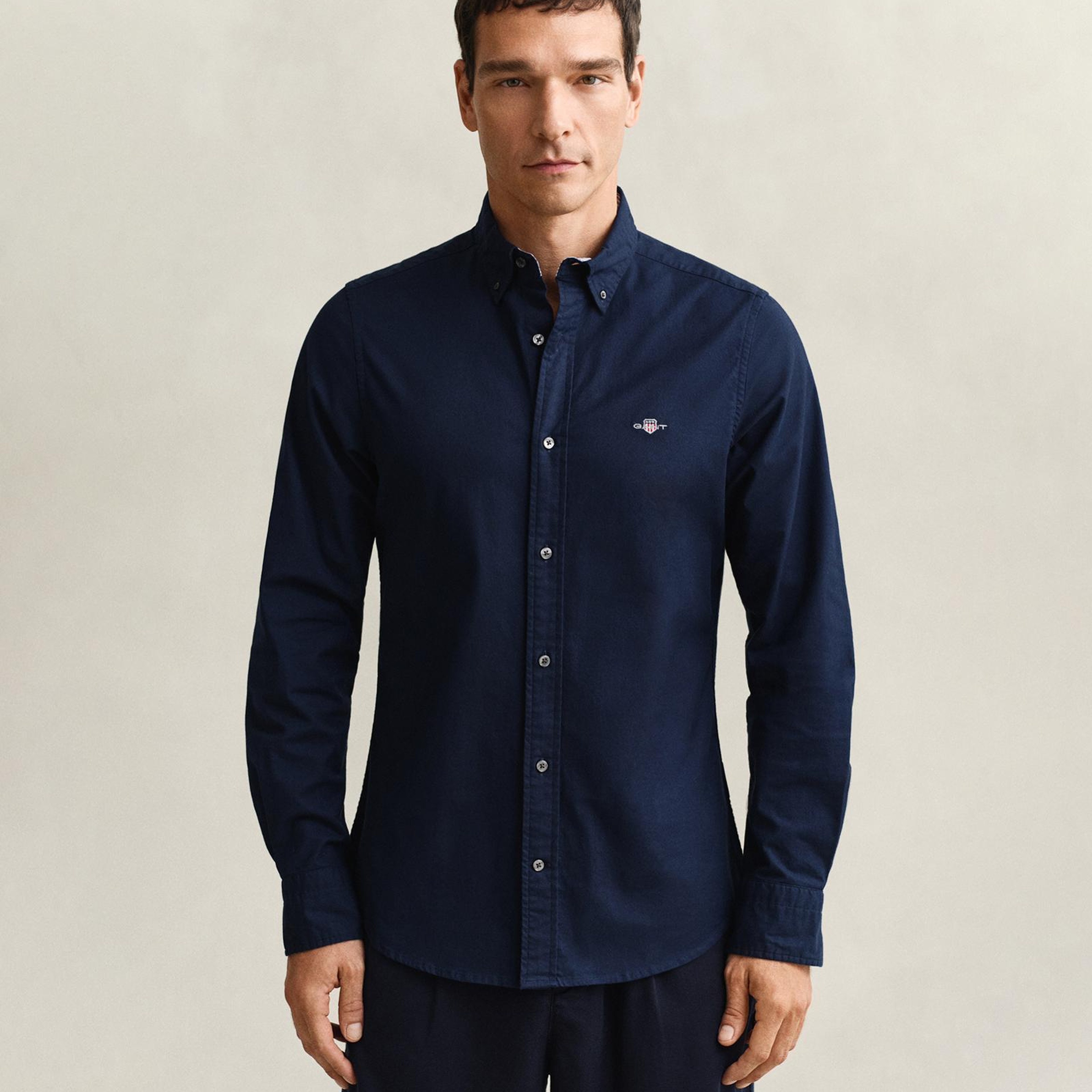 GANT Erkek Lacivert Slim Fit Çizgili Logolu Gömlek