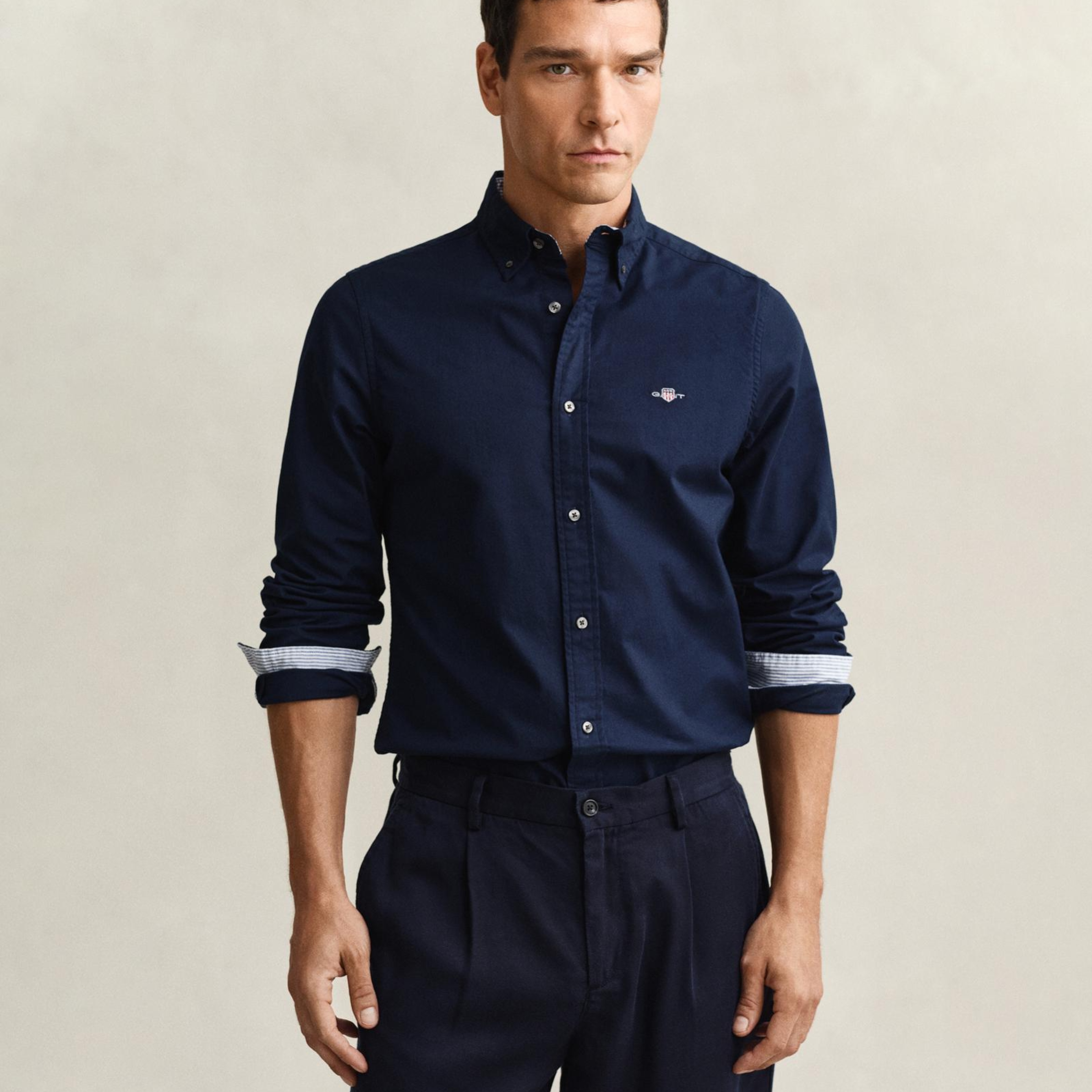 GANT Erkek Lacivert Slim Fit Çizgili Logolu Gömlek