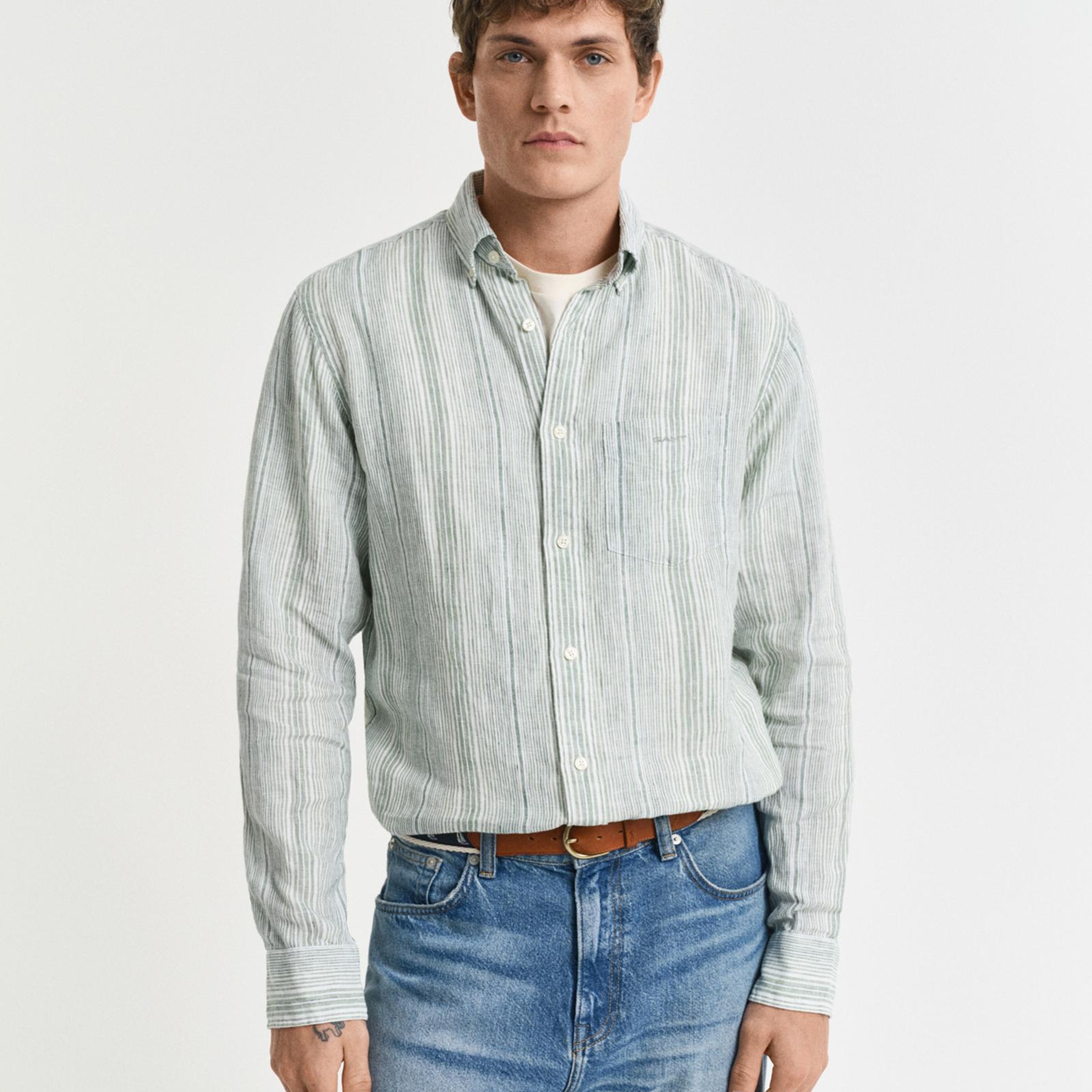 GANT Erkek Yeşil Regular Fit Düğmeli Yaka Çizgili Gömlek