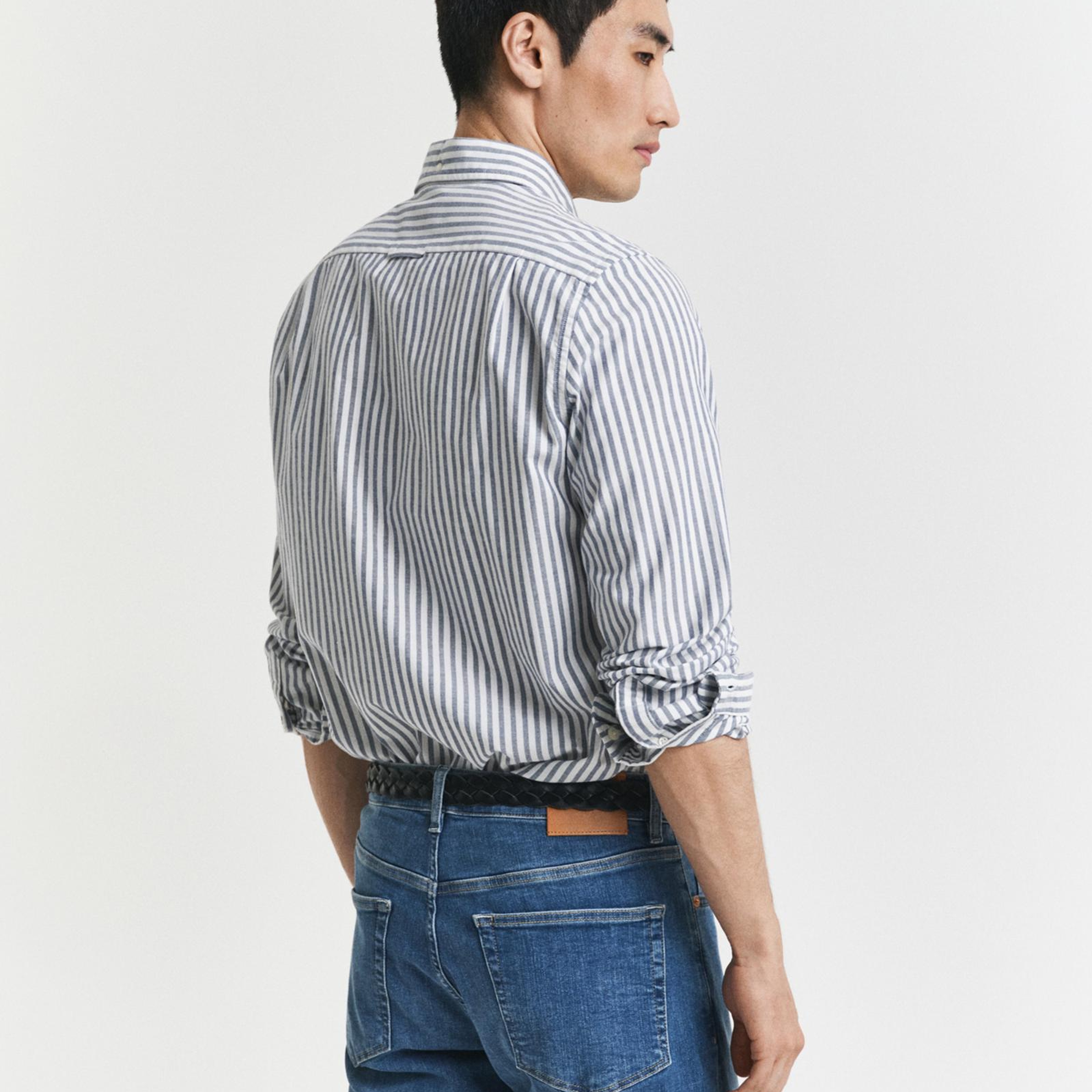 GANT Erkek Mavi Slim Fit Düğmeli Yaka Çizgili Oxford Gömlek