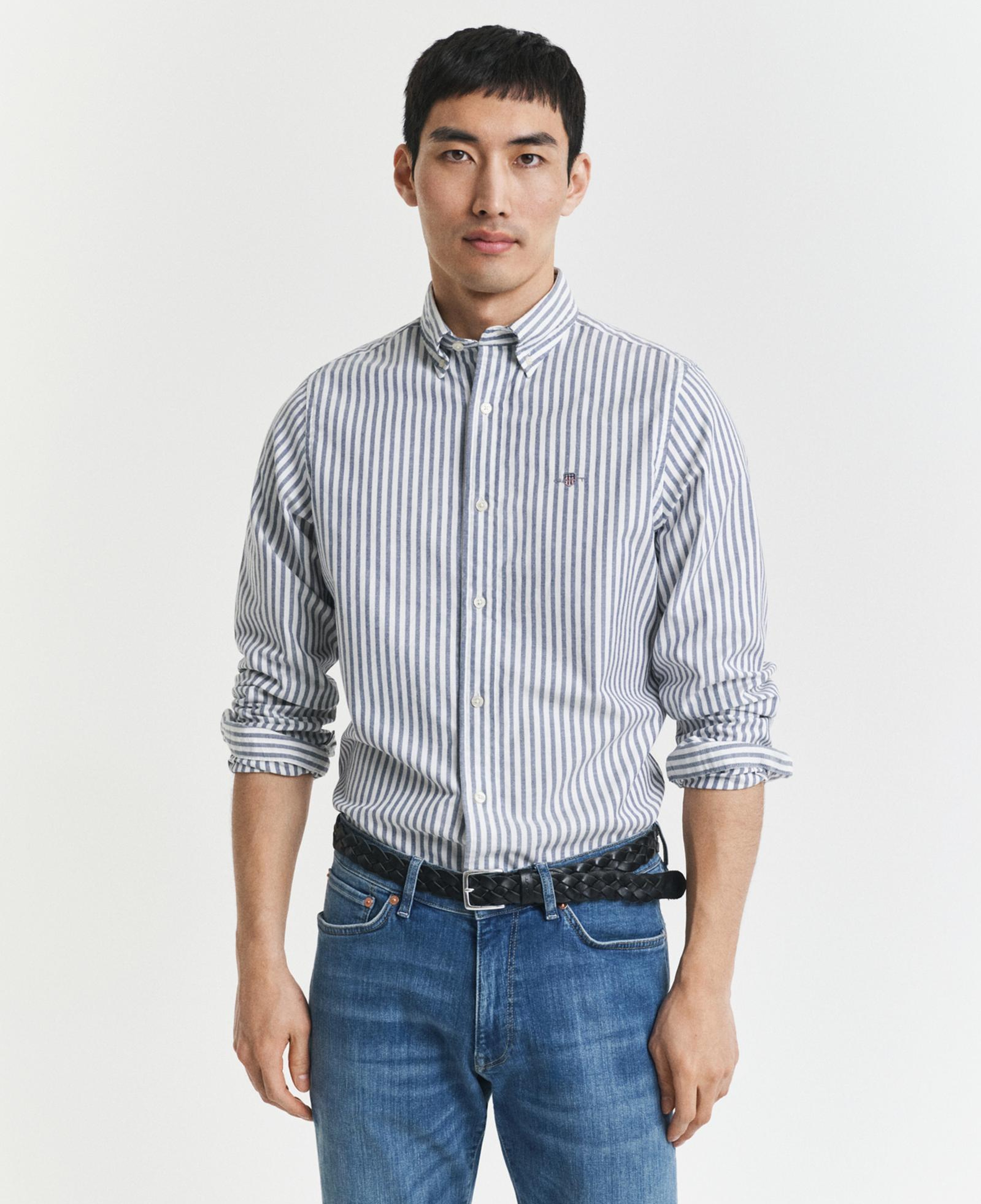 GANT Erkek Mavi Slim Fit Düğmeli Yaka Çizgili Oxford Gömlek