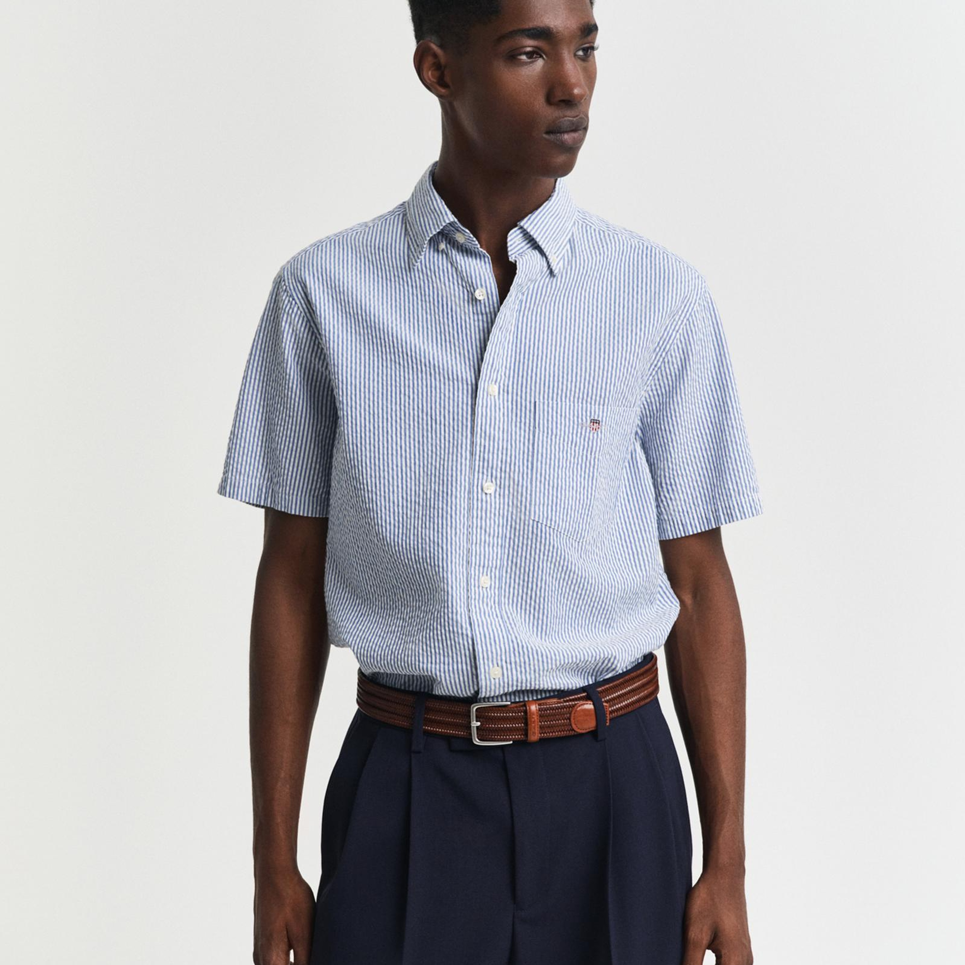 GANT Erkek Lacivert Regular Fit Düğmeli Yaka Çizgili Gömlek