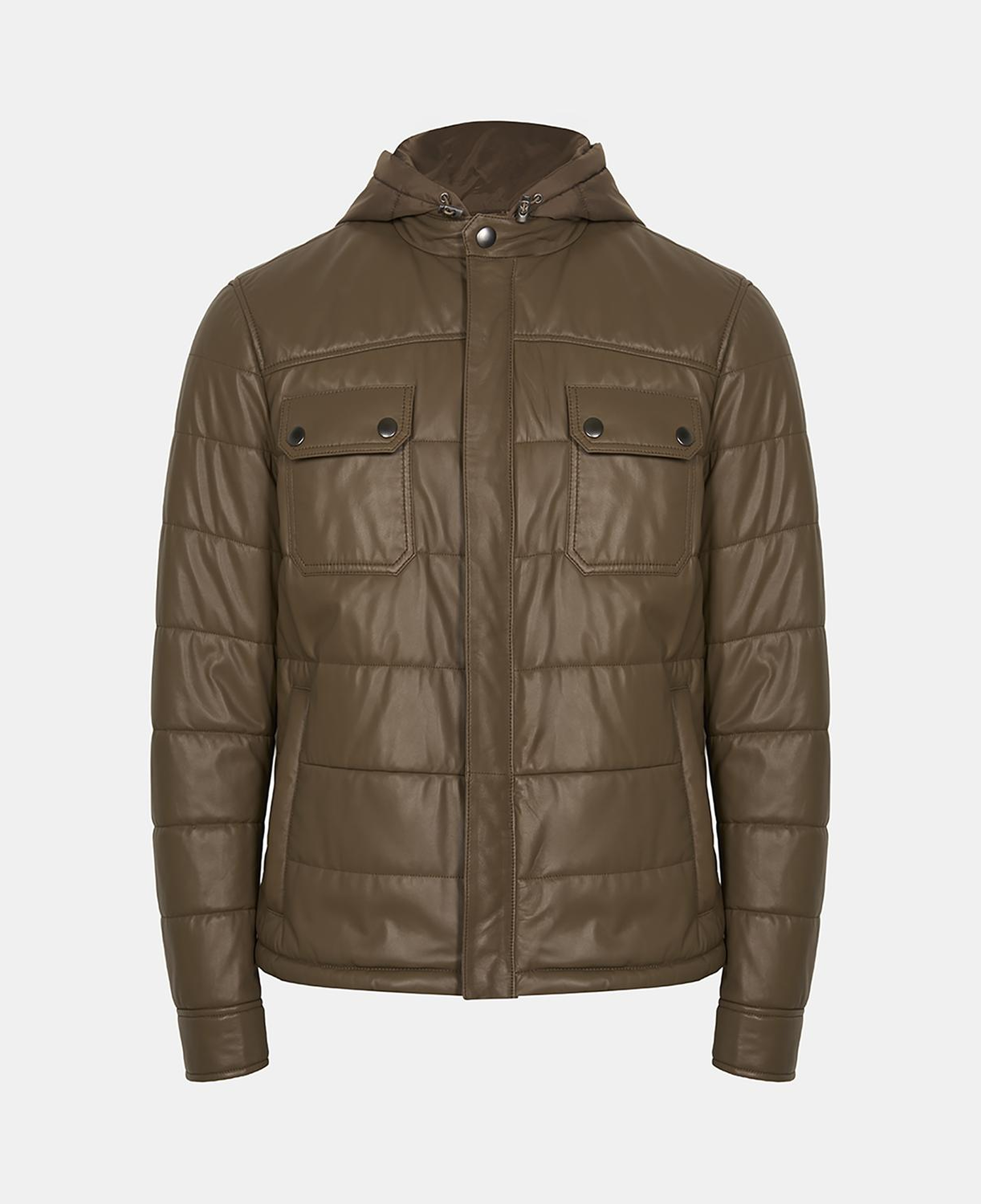 Erkek Koyu Bej Hakim Yakalı Kapüşonlu Deri Mont