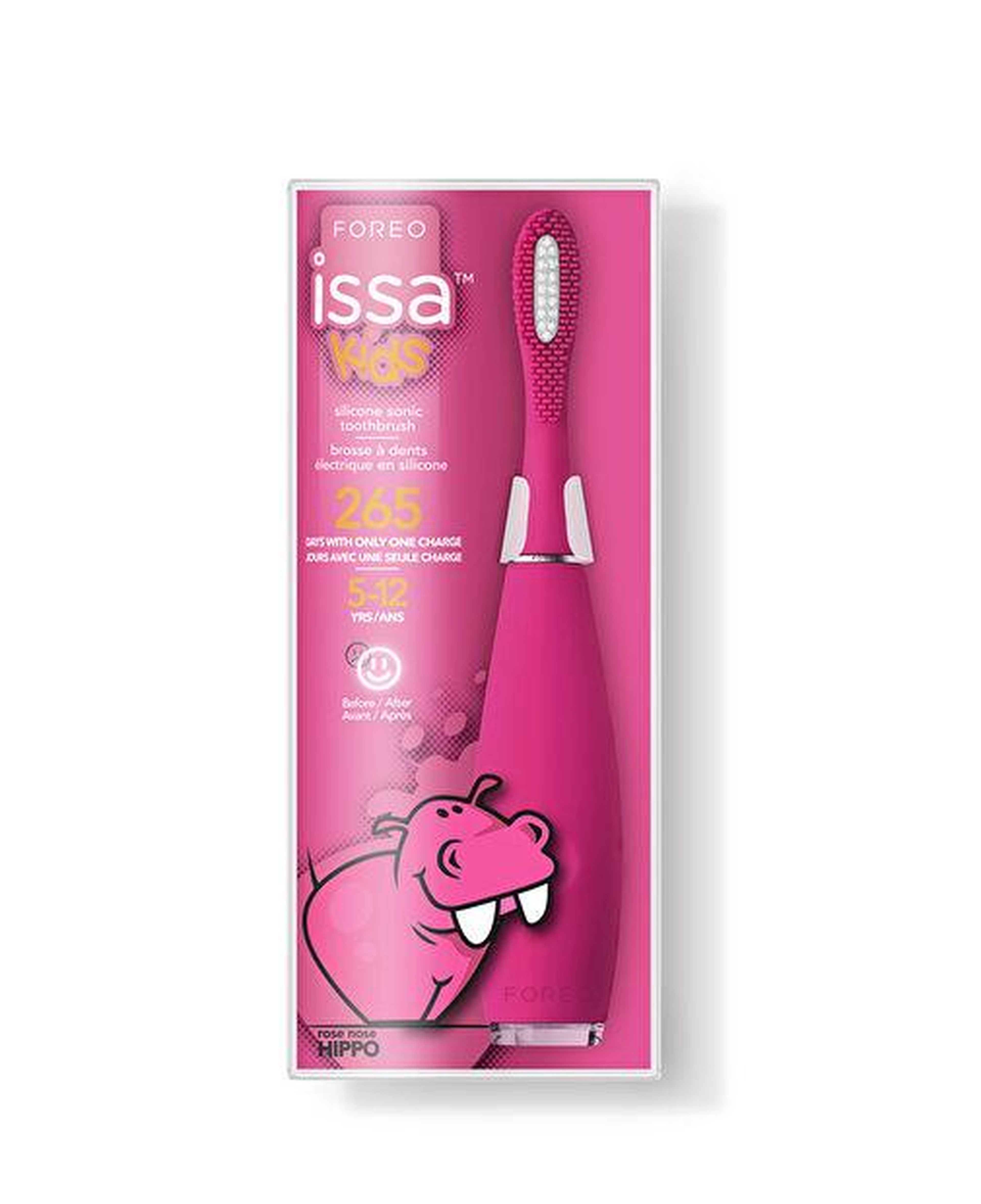 FOREO ISSA Kids Çocuk Diş Fırçası (5-12 Yaş Için), Rose Nose Hippo