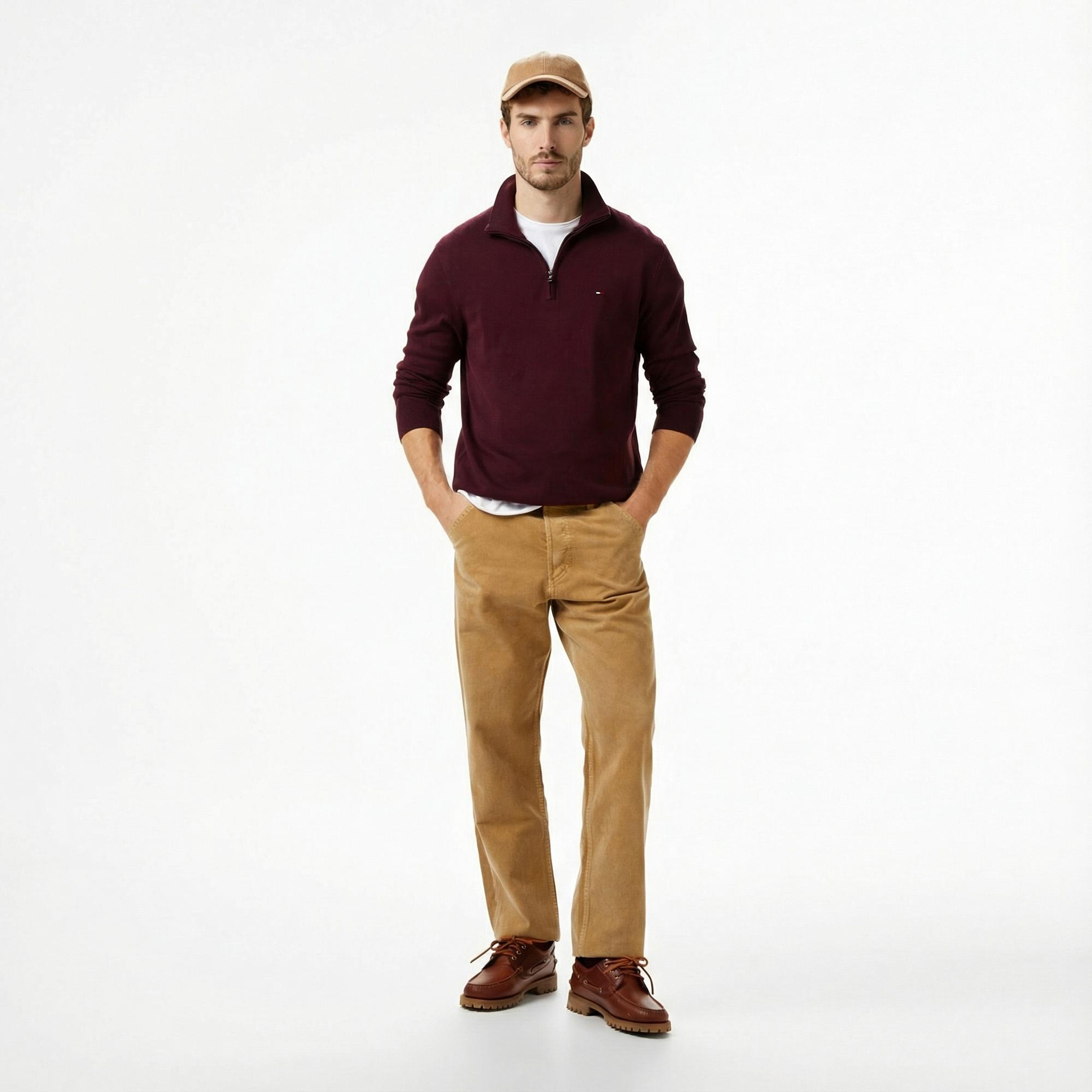 Tommy Hilfiger Essential Mock Erkek Kırmızı Yarım Fermuarlı Triko