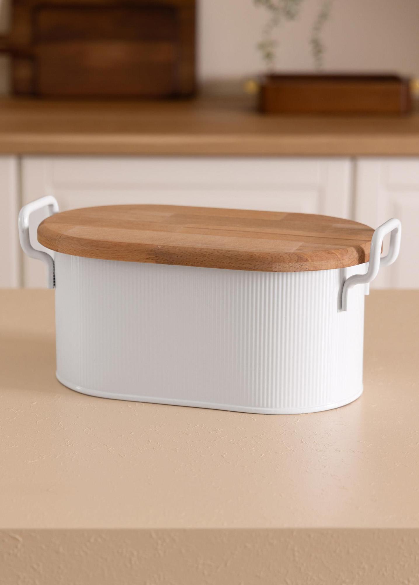 Stripe Ahşap Kapaklı Ekmek Saklama Kutusu Beyaz 40x22x18 Cm