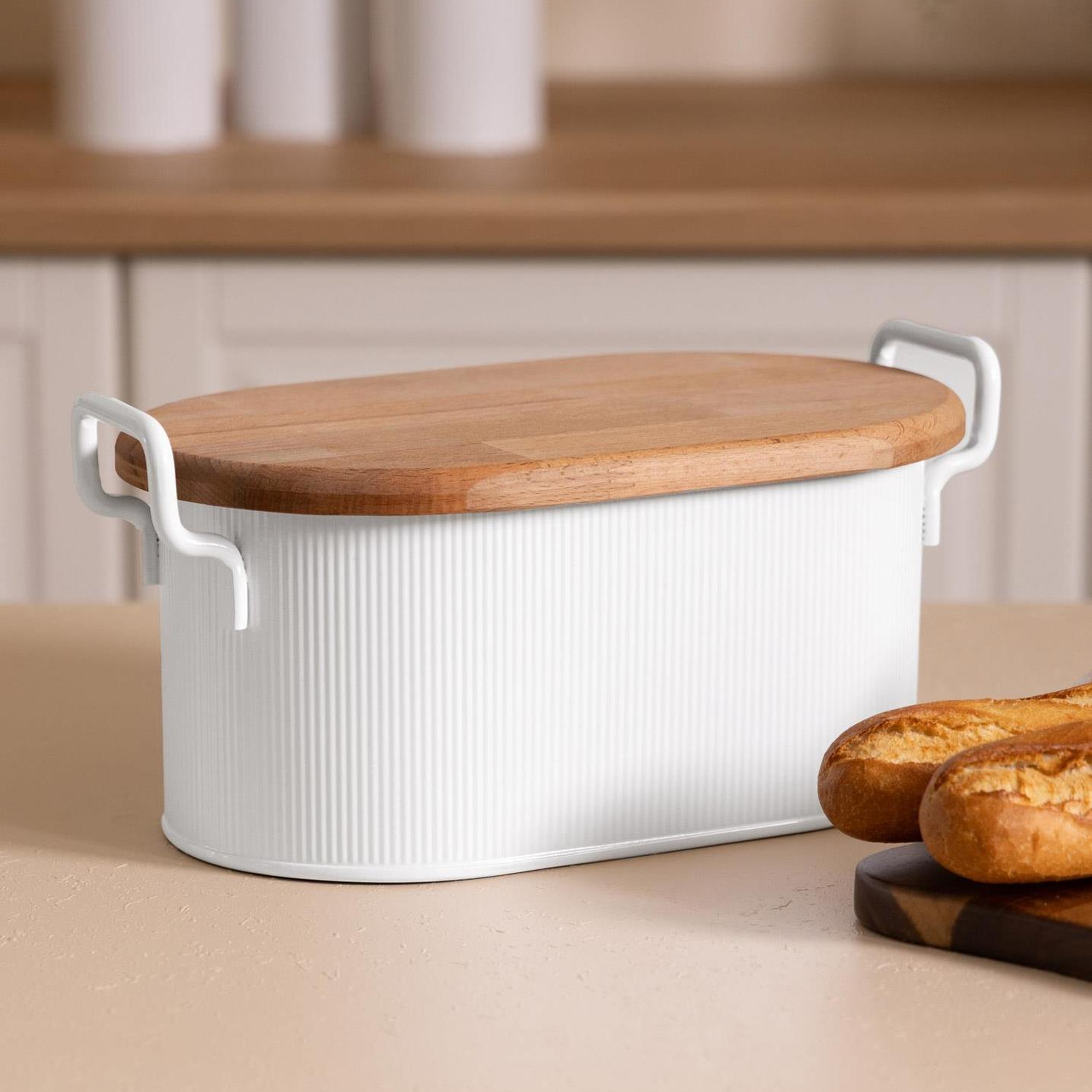 Stripe Ahşap Kapaklı Ekmek Saklama Kutusu Beyaz 40x22x18 Cm