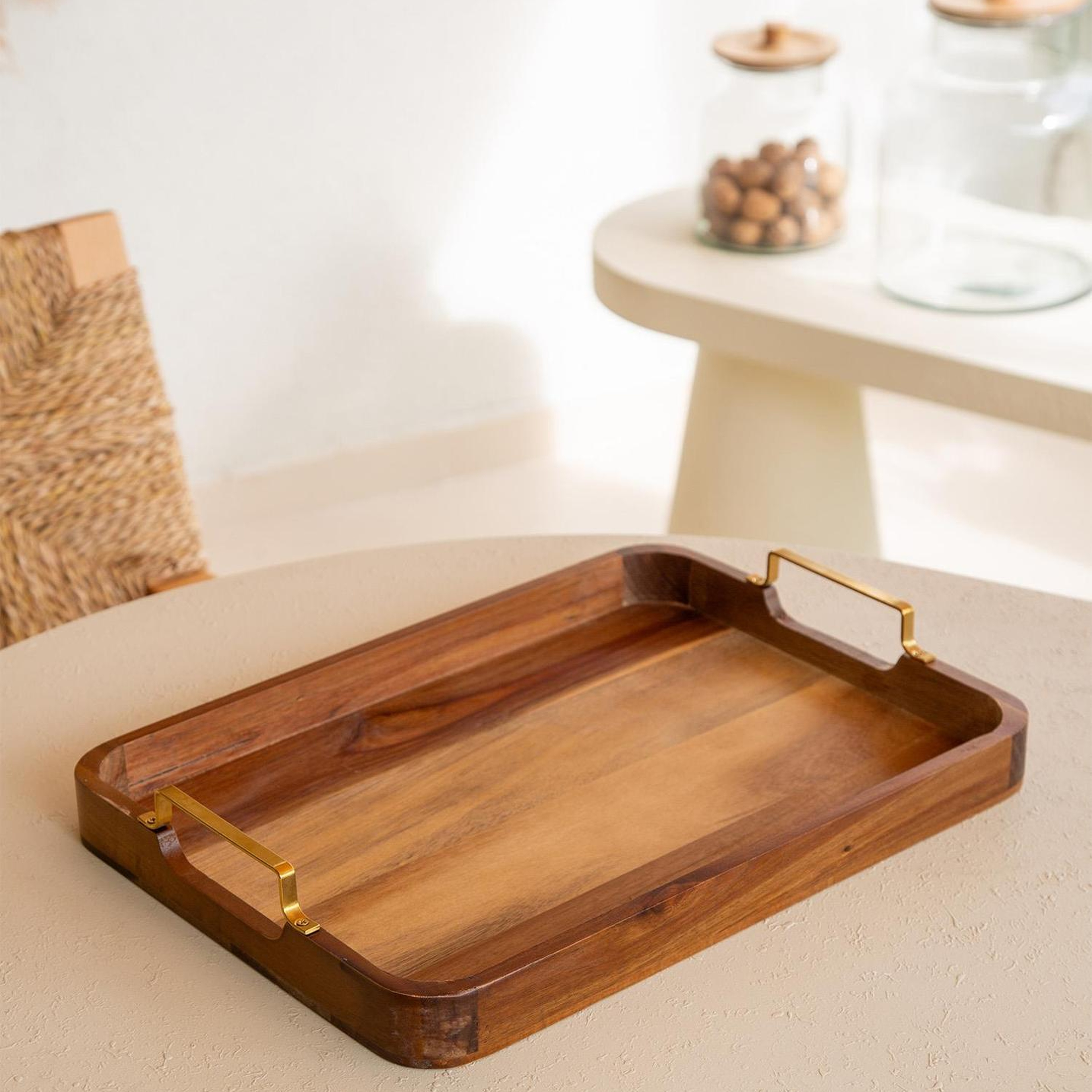 Natura Metal Kollu Akasya Tepsi 38x28 cm