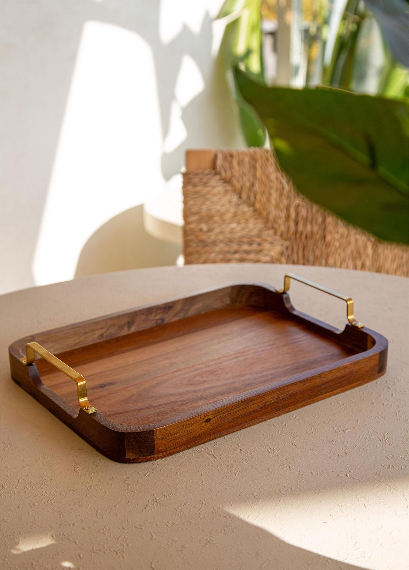 Natura Metal Kollu Akasya Tepsi 38x28 cm