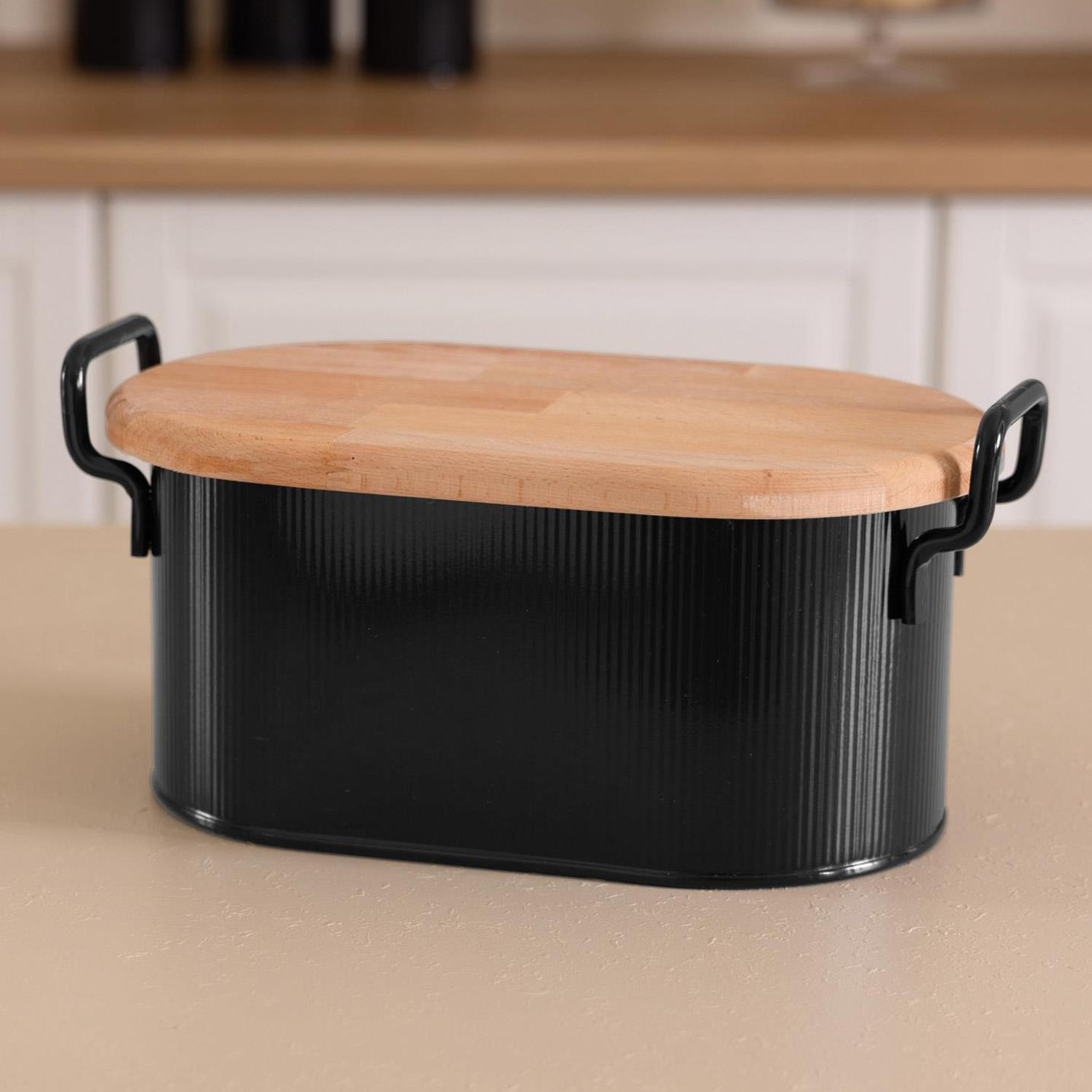 Stripe Ahşap Kapaklı Ekmek Saklama Kutusu Siyah 40x22x18 cm