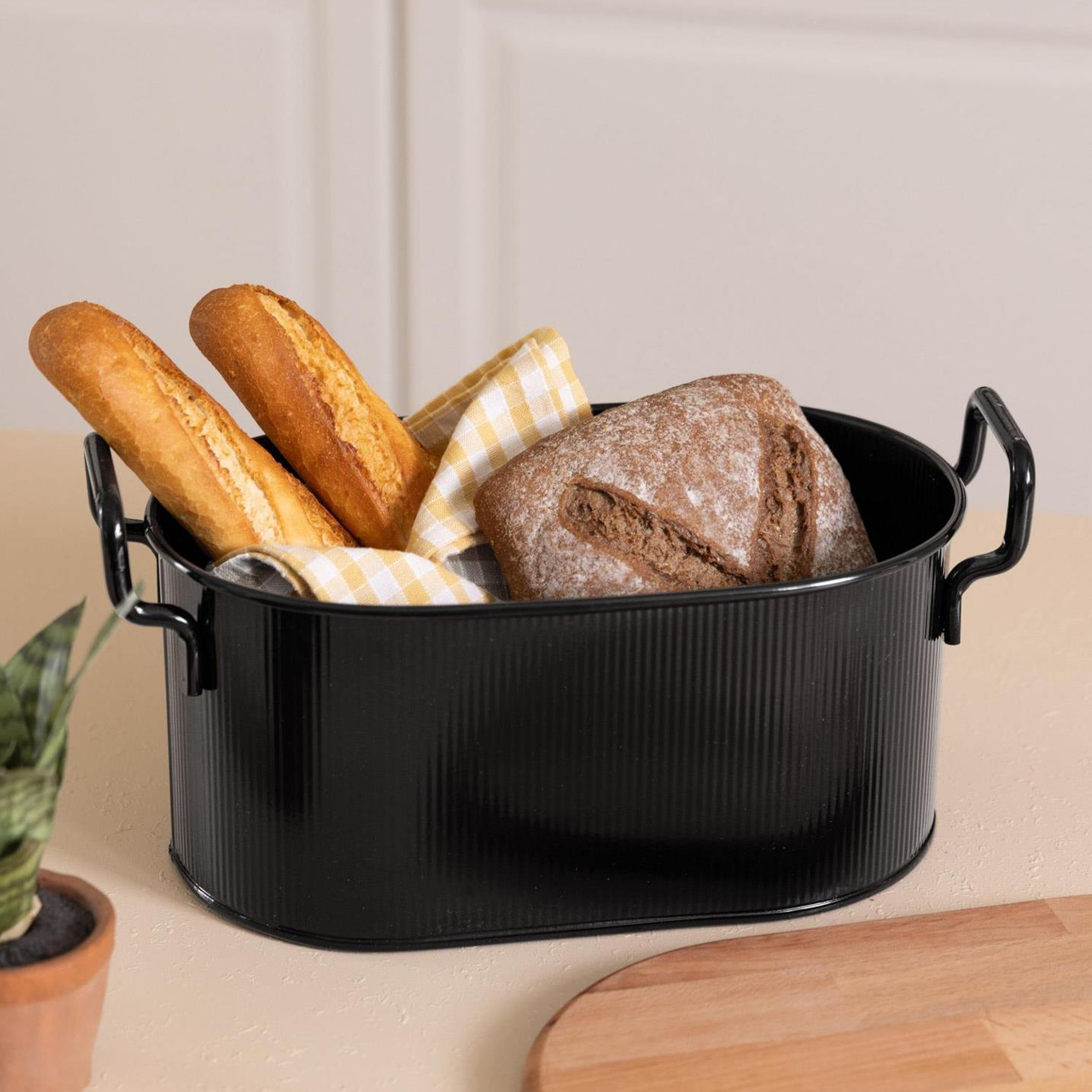 Stripe Ahşap Kapaklı Ekmek Saklama Kutusu Siyah 40x22x18 cm