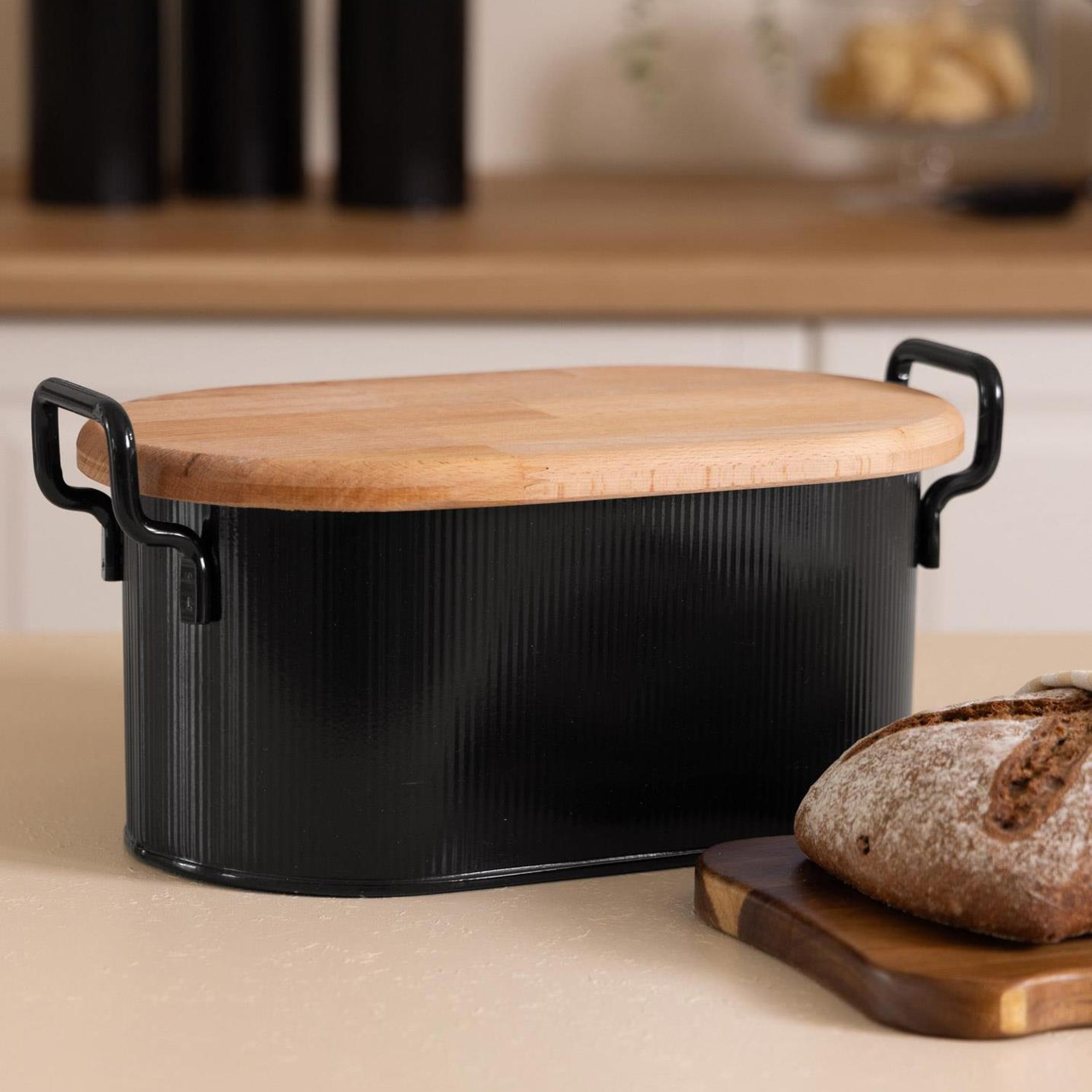 Stripe Ahşap Kapaklı Ekmek Saklama Kutusu Siyah 40x22x18 cm