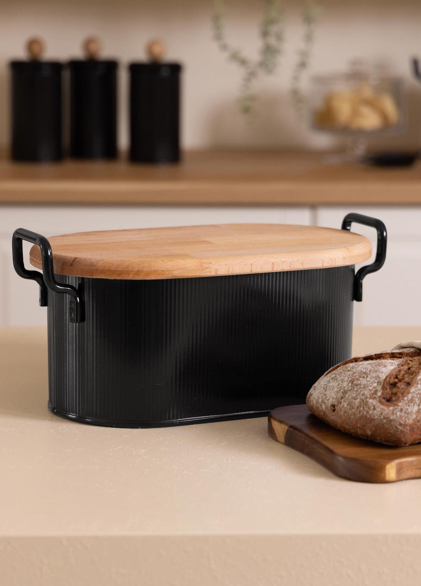 Stripe Ahşap Kapaklı Ekmek Saklama Kutusu Siyah 40x22x18 cm