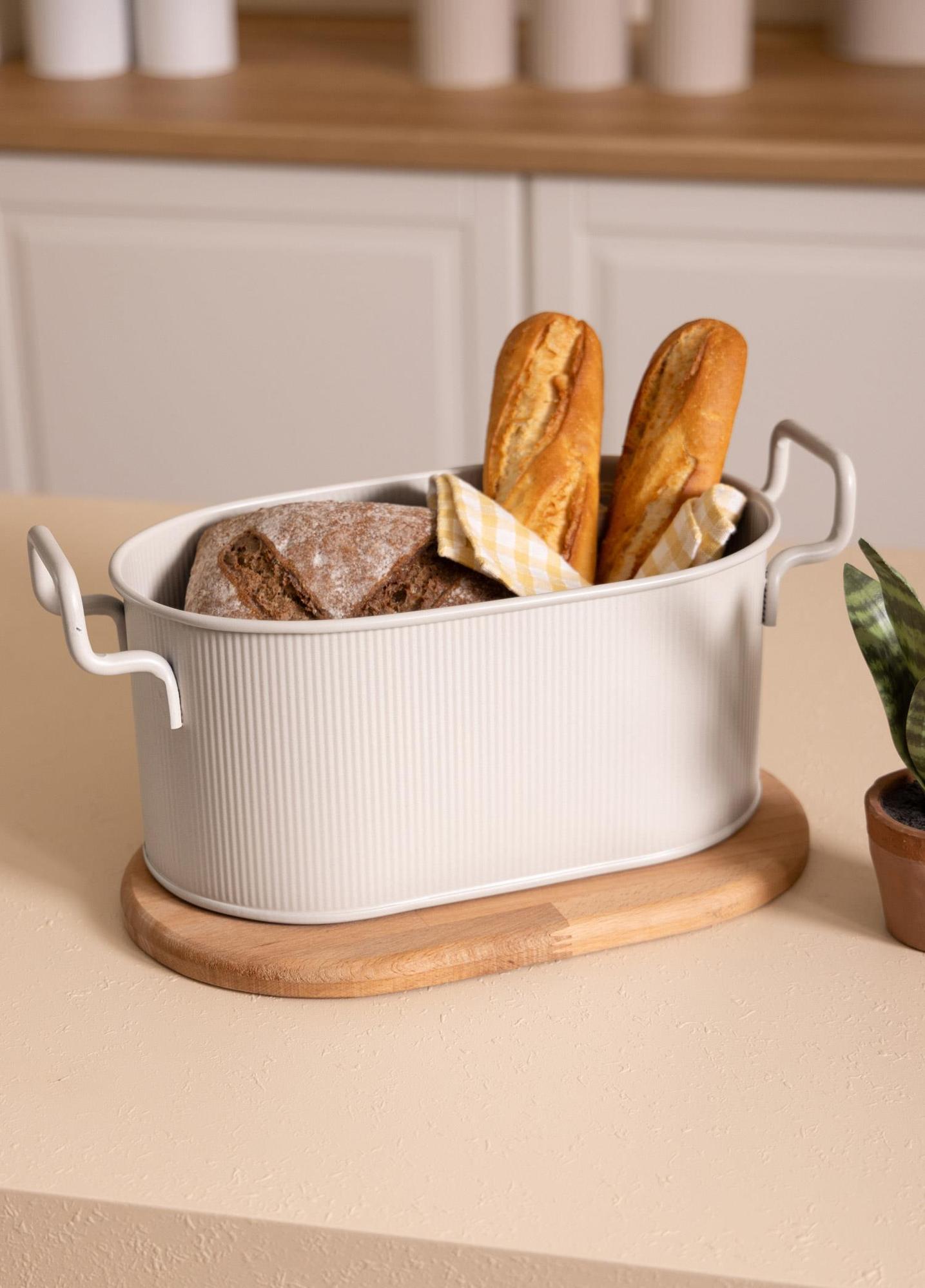 Stripe Ahşap Kapaklı Ekmek Saklama Kutusu Bej 40x22x18 Cm