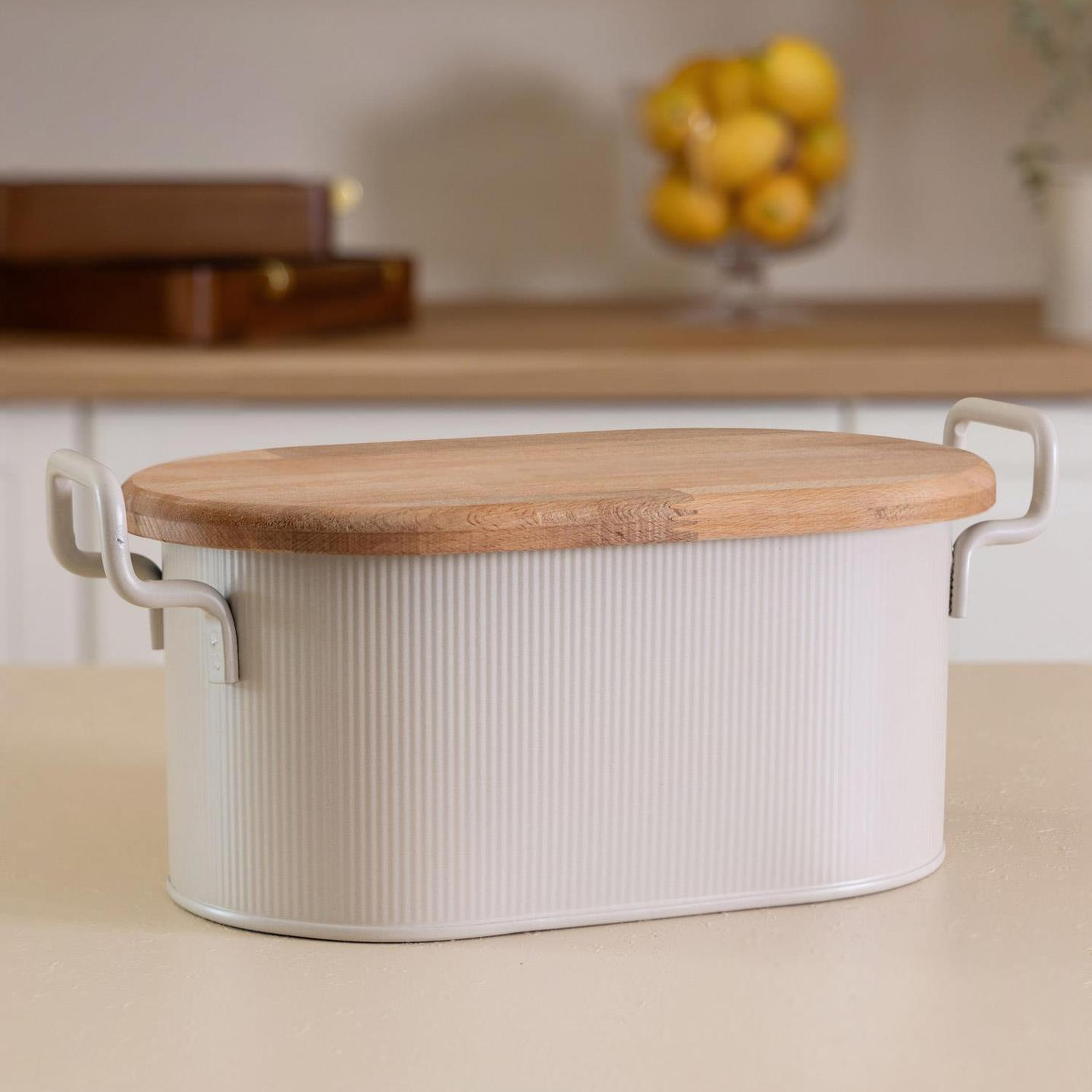 Stripe Ahşap Kapaklı Ekmek Saklama Kutusu Bej 40x22x18 Cm