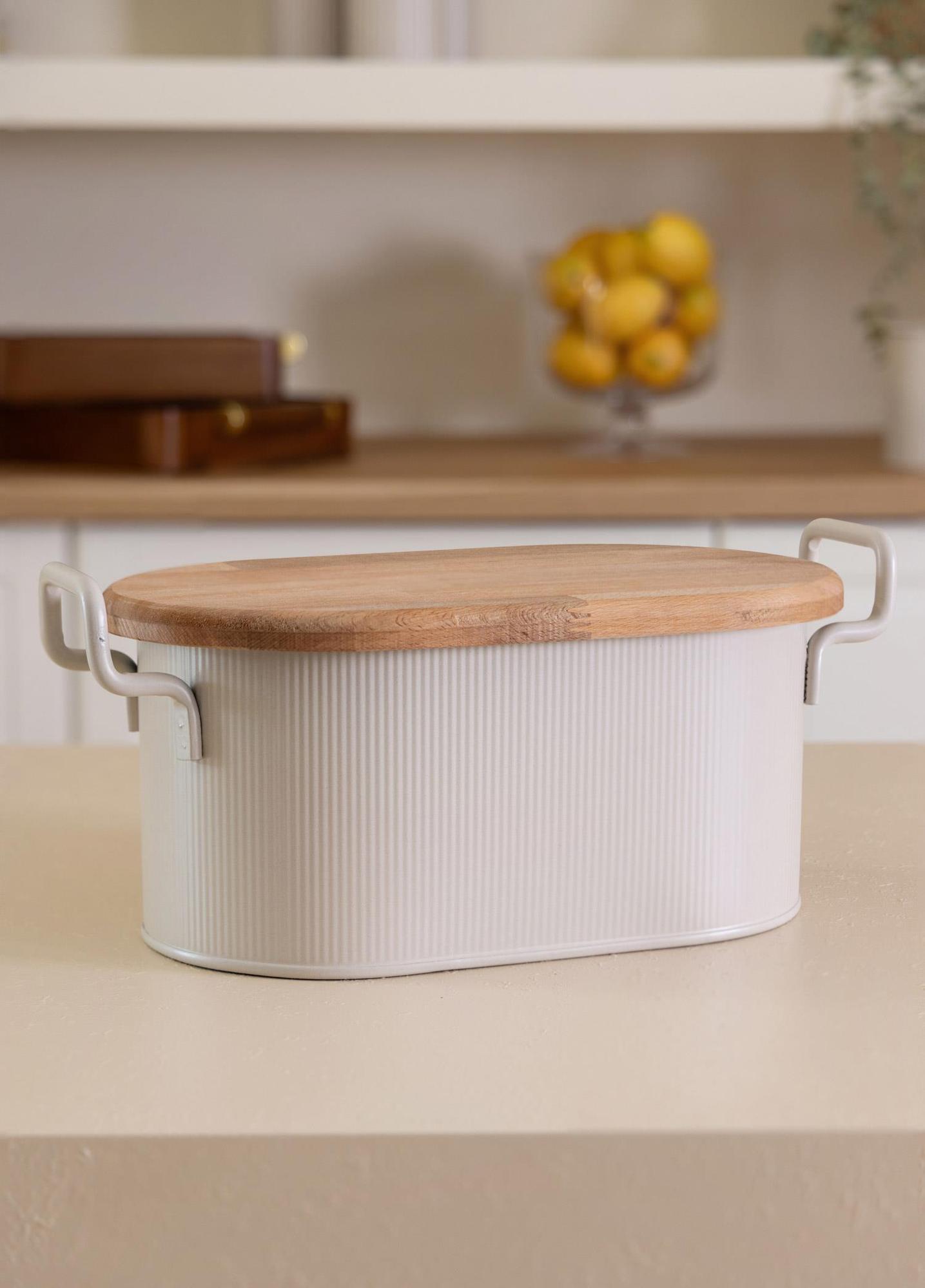 Stripe Ahşap Kapaklı Ekmek Saklama Kutusu Bej 40x22x18 Cm