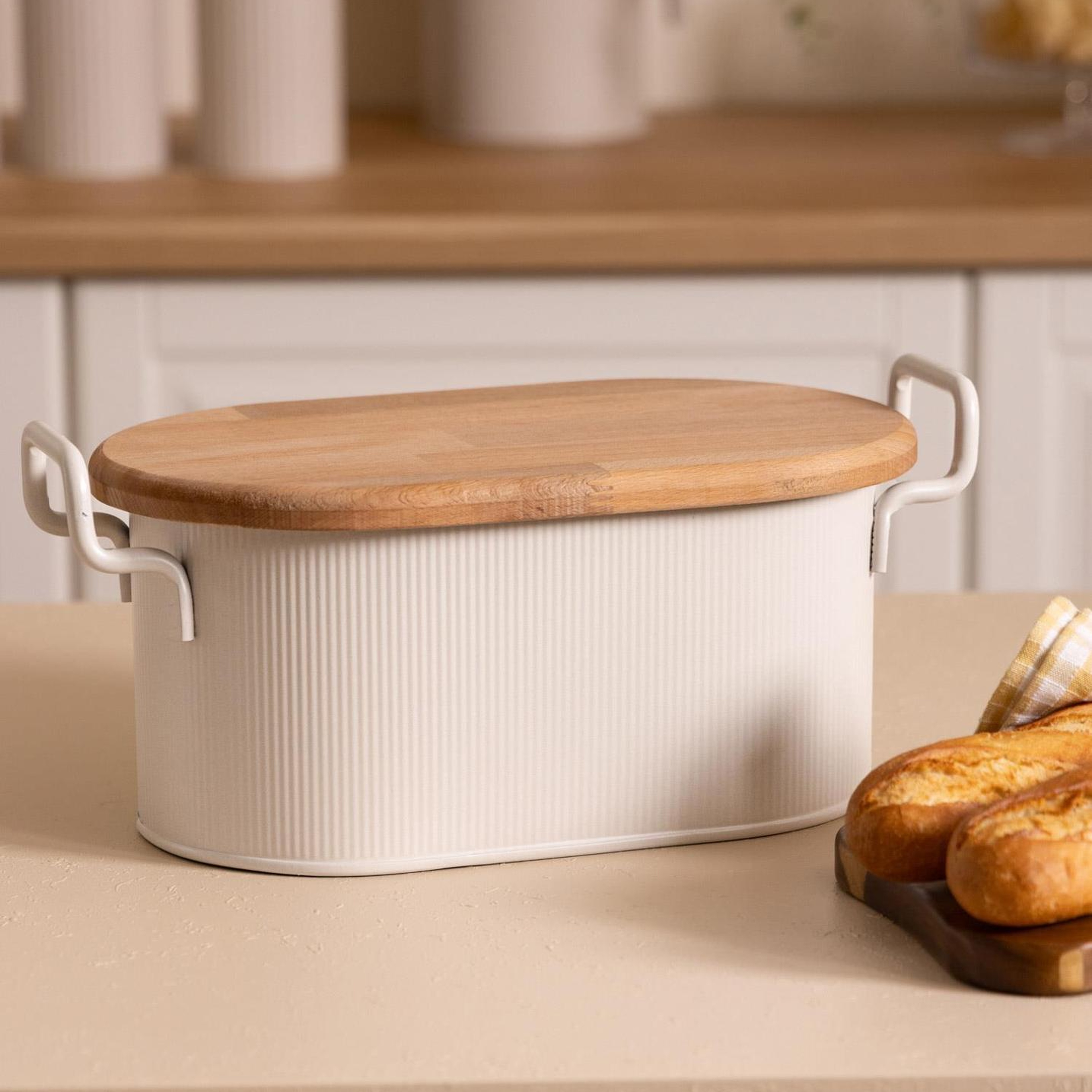 Stripe Ahşap Kapaklı Ekmek Saklama Kutusu Bej 40x22x18 Cm