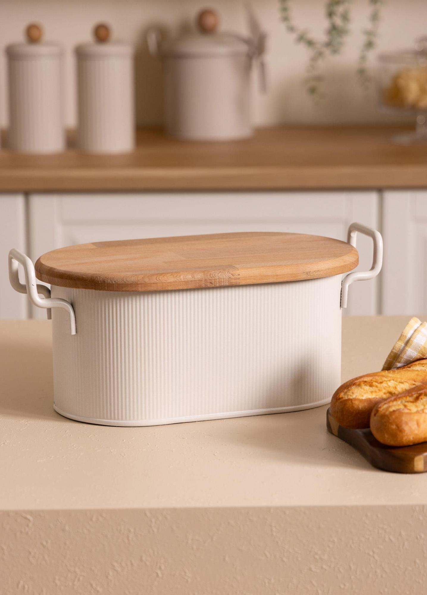 Stripe Ahşap Kapaklı Ekmek Saklama Kutusu Bej 40x22x18 Cm