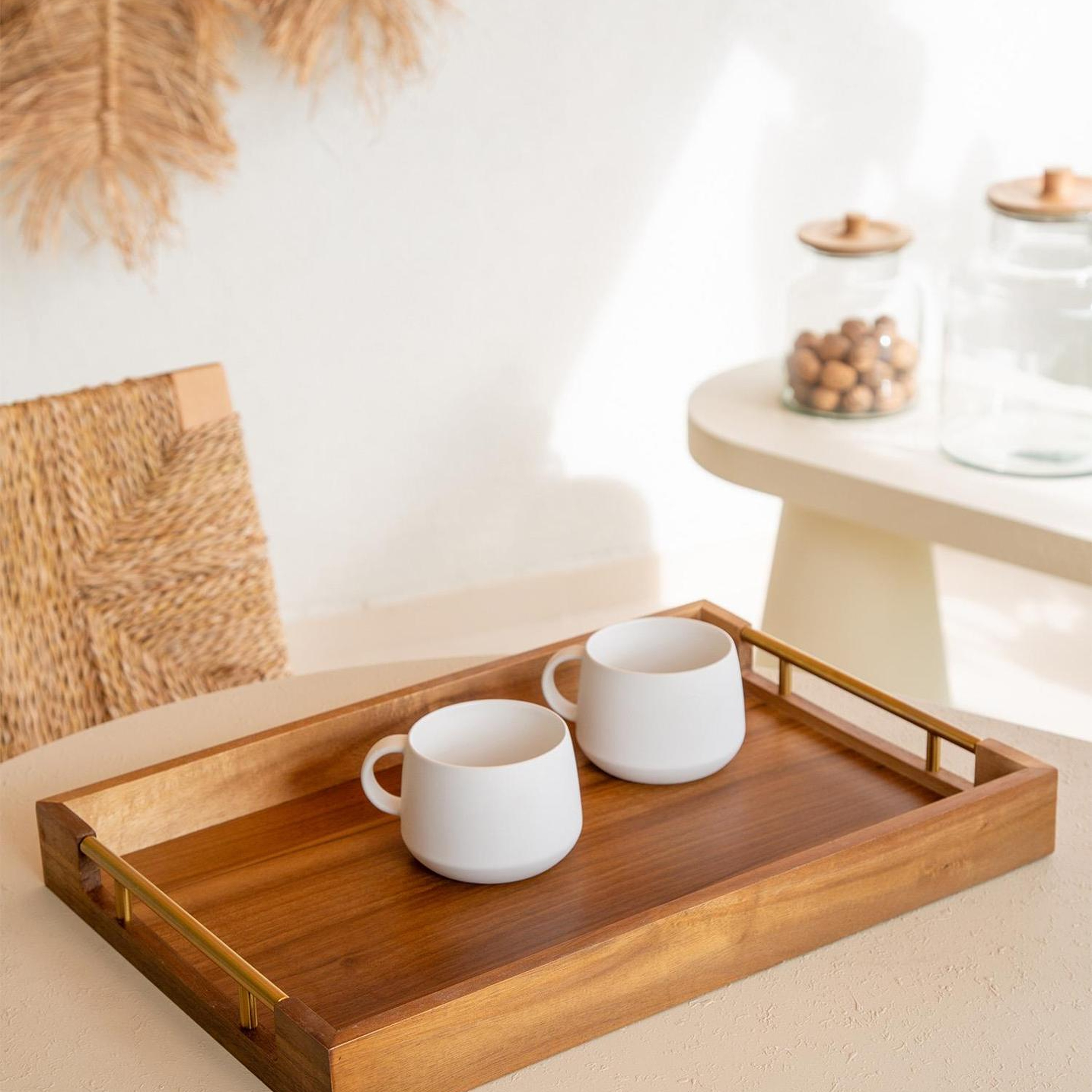 Natura Akasya Metal Kulplu Tepsi Gold 45x30x5 Cm