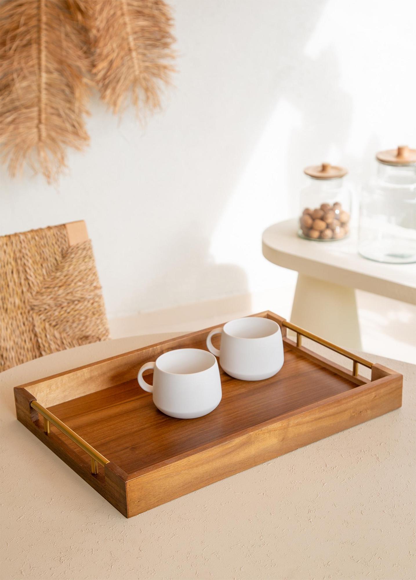 Natura Akasya Metal Kulplu Tepsi Gold 45x30x5 Cm