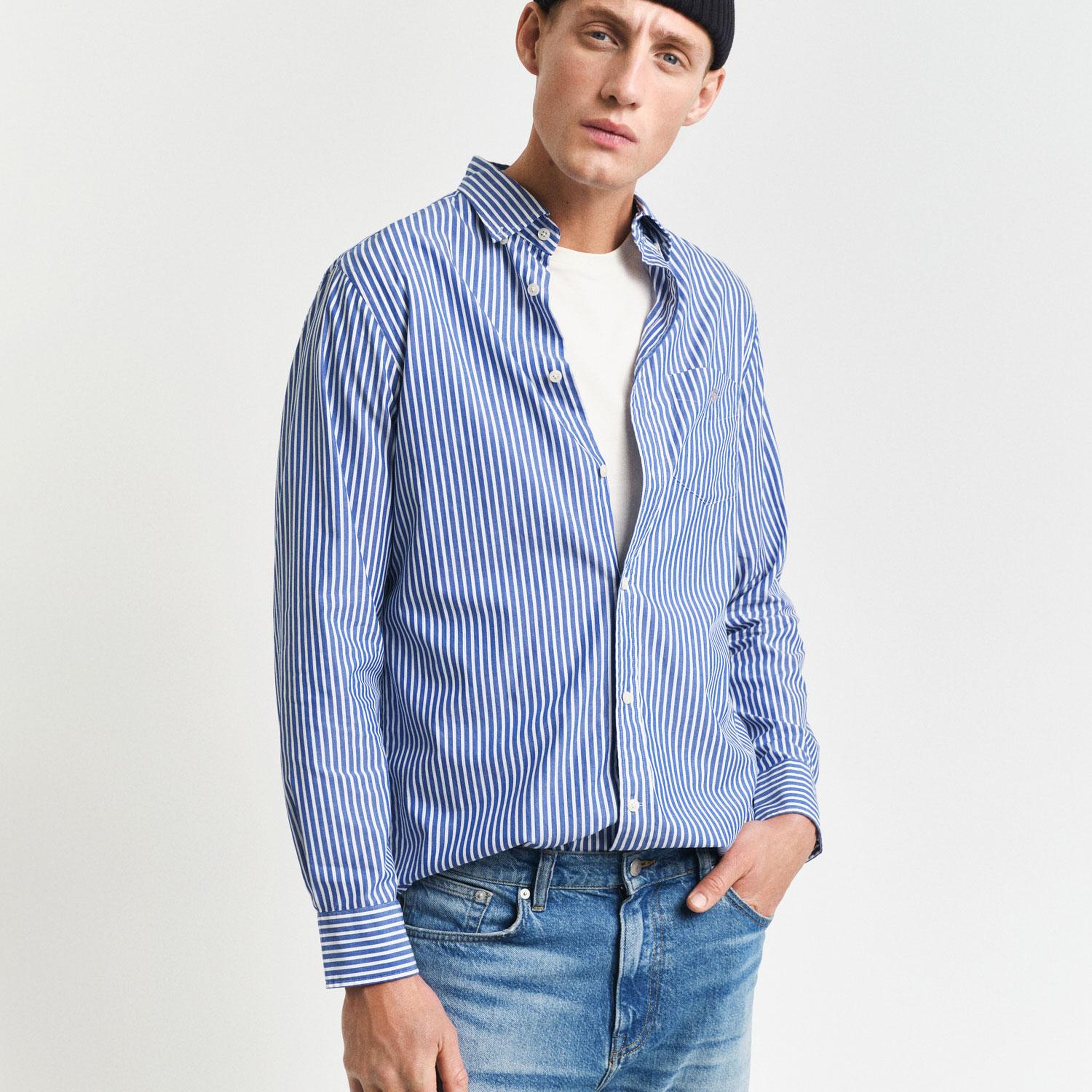 GANT Erkek Mavi Regular Fit Düğmeli Yaka Çizgili Poplin Gömlek