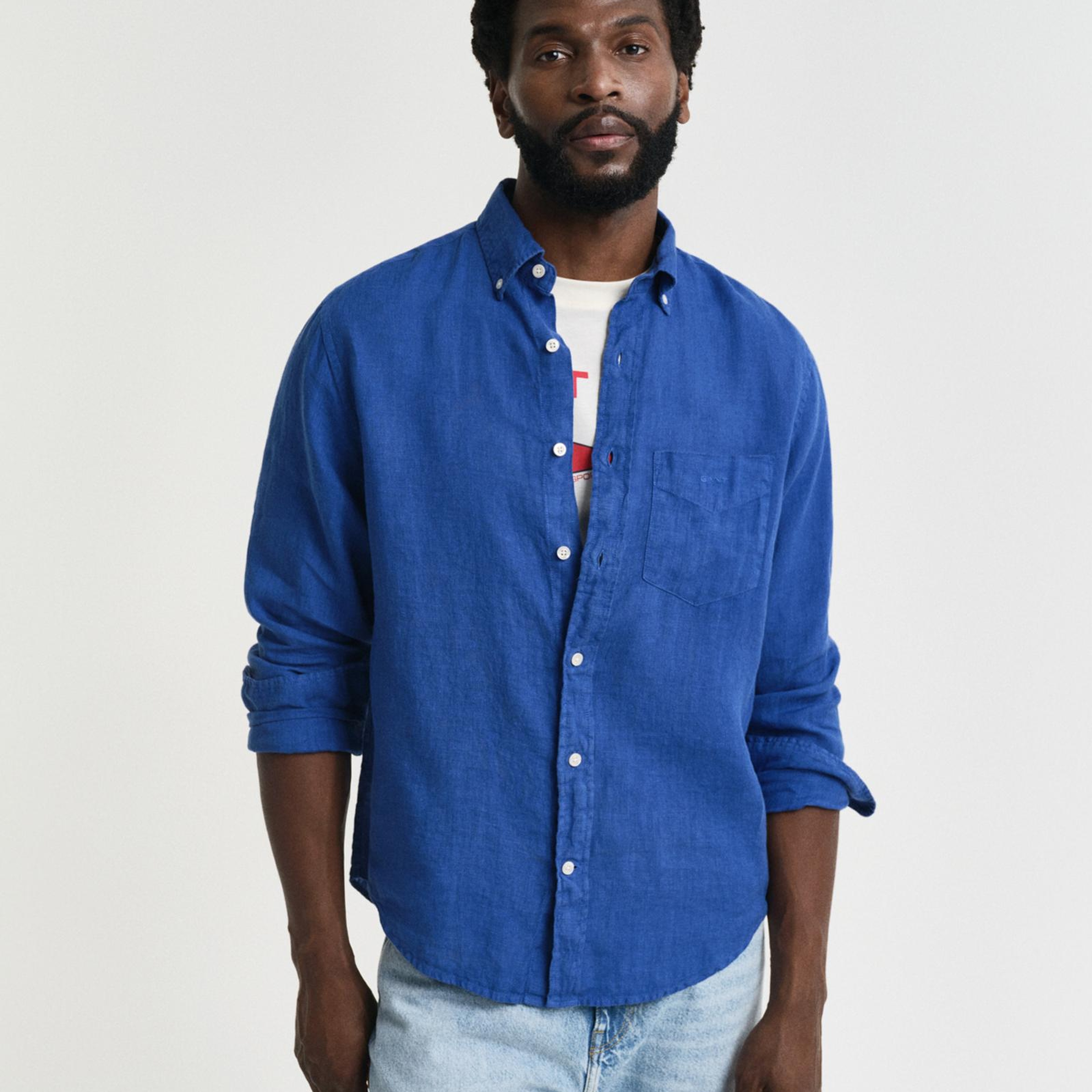 GANT Erkek Lacivert Regular Fit Düğmeli Yaka Keten Gömlek