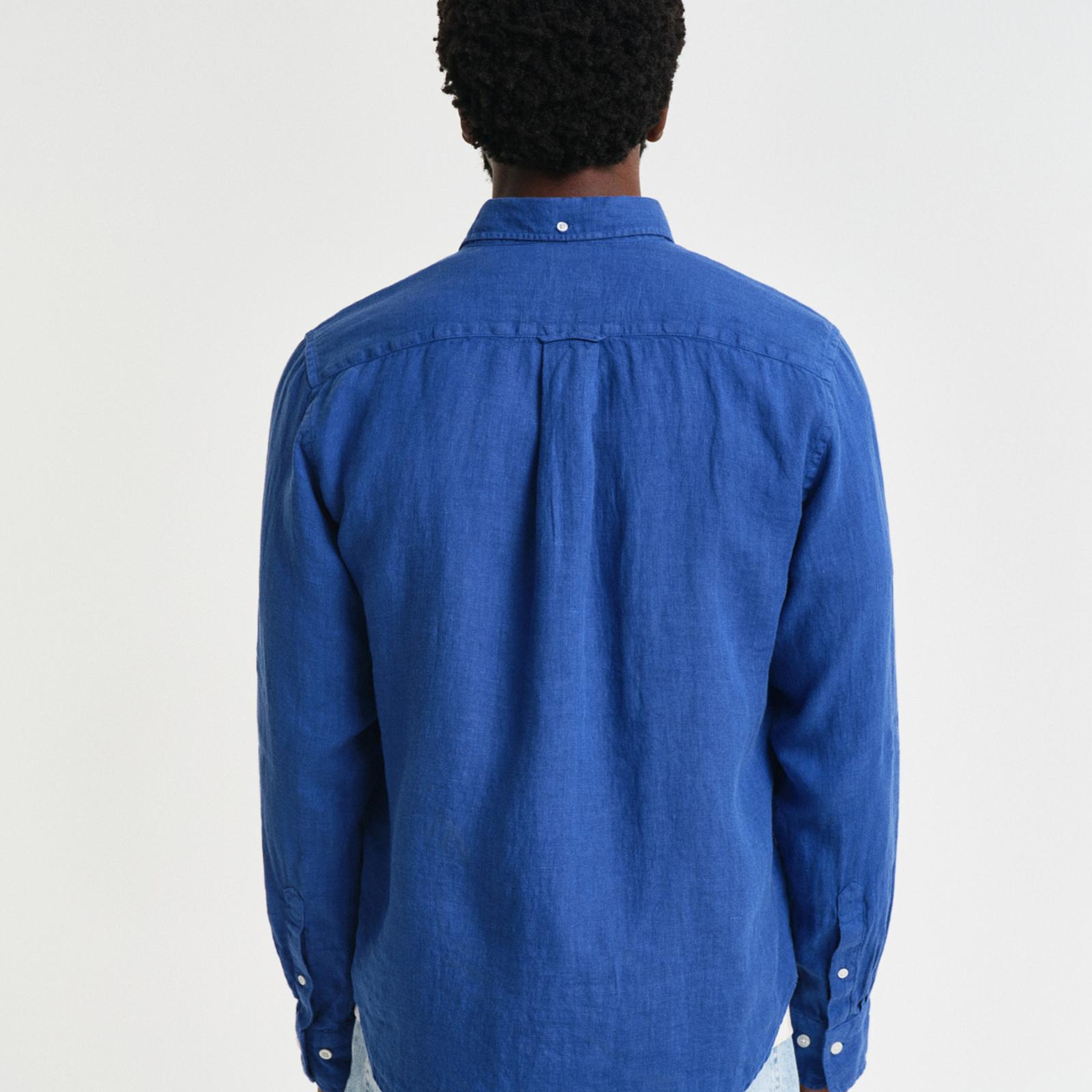 GANT Erkek Lacivert Regular Fit Düğmeli Yaka Keten Gömlek