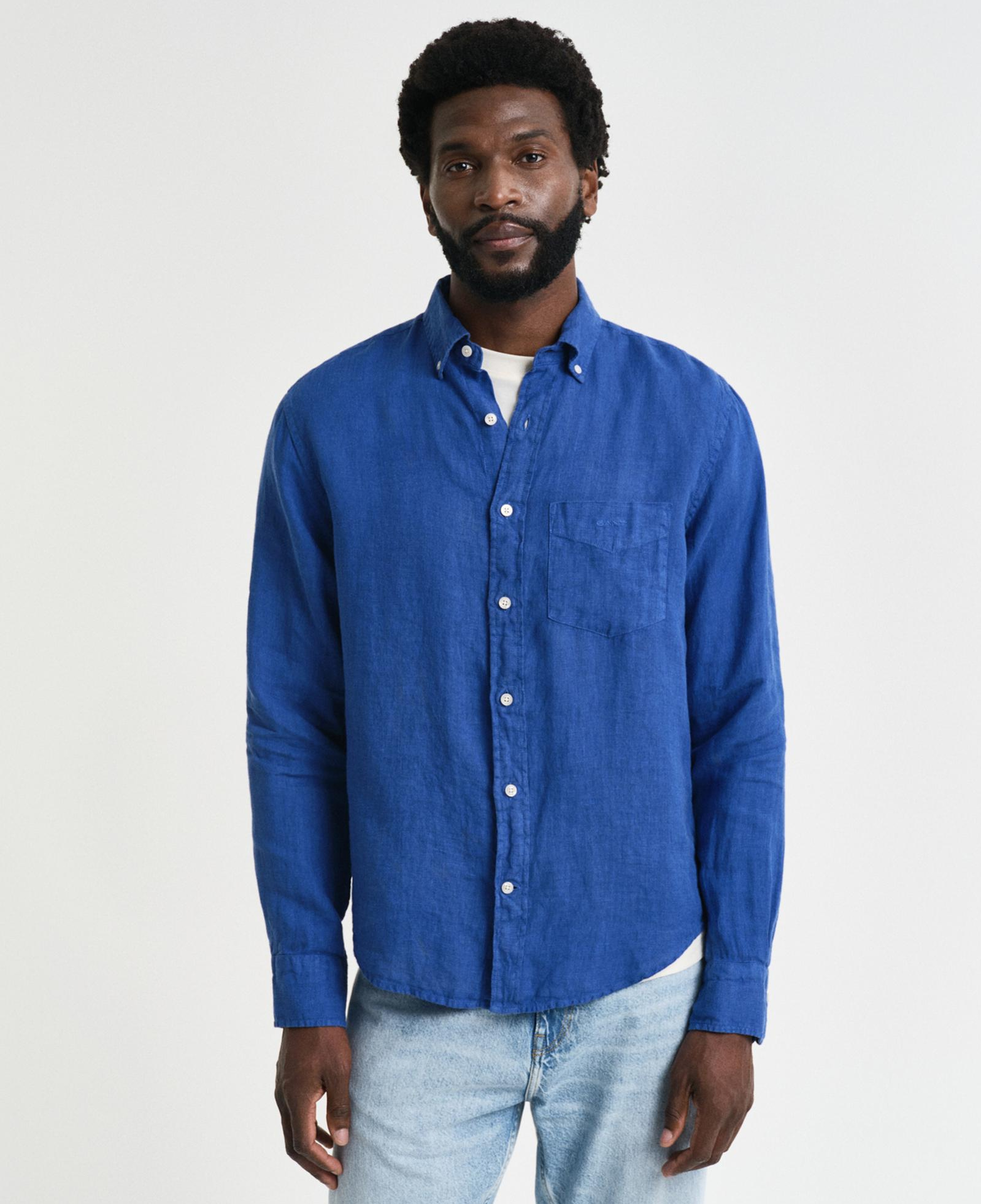 GANT Erkek Lacivert Regular Fit Düğmeli Yaka Keten Gömlek