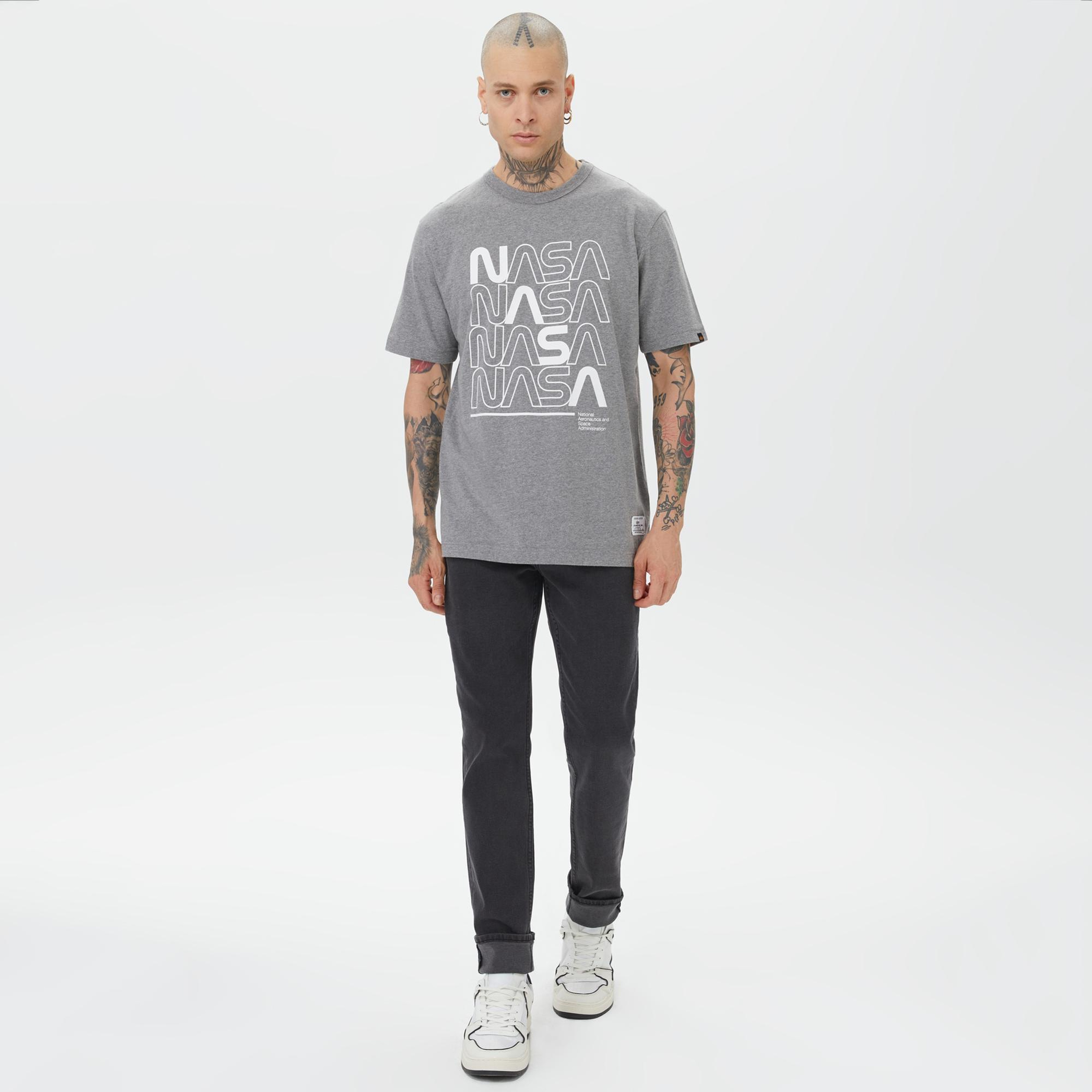 Alpha Industries Nasa Logo Print  Erkek Gri T-Shirt