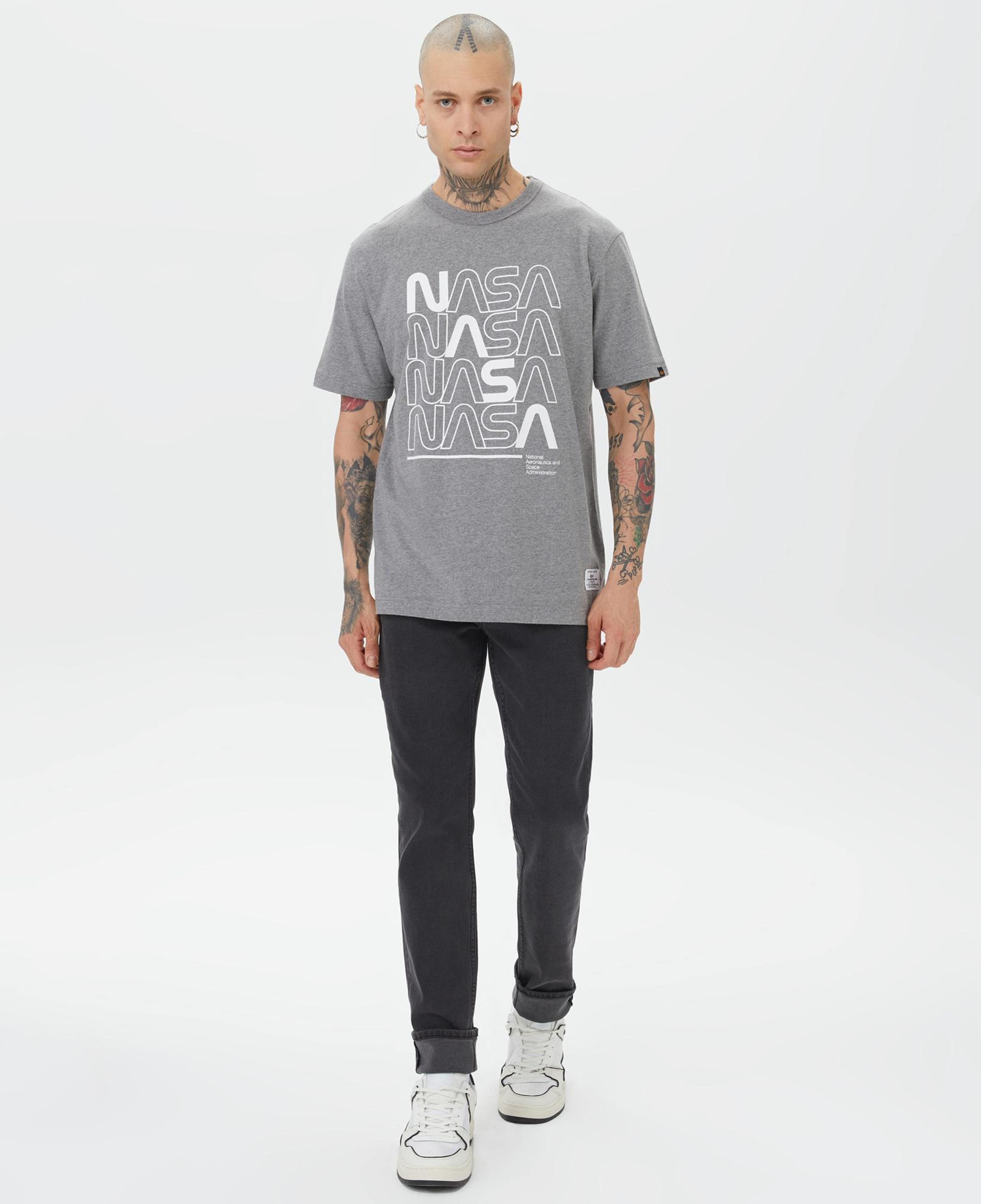 Alpha Industries Nasa Logo Print  Erkek Gri T-Shirt